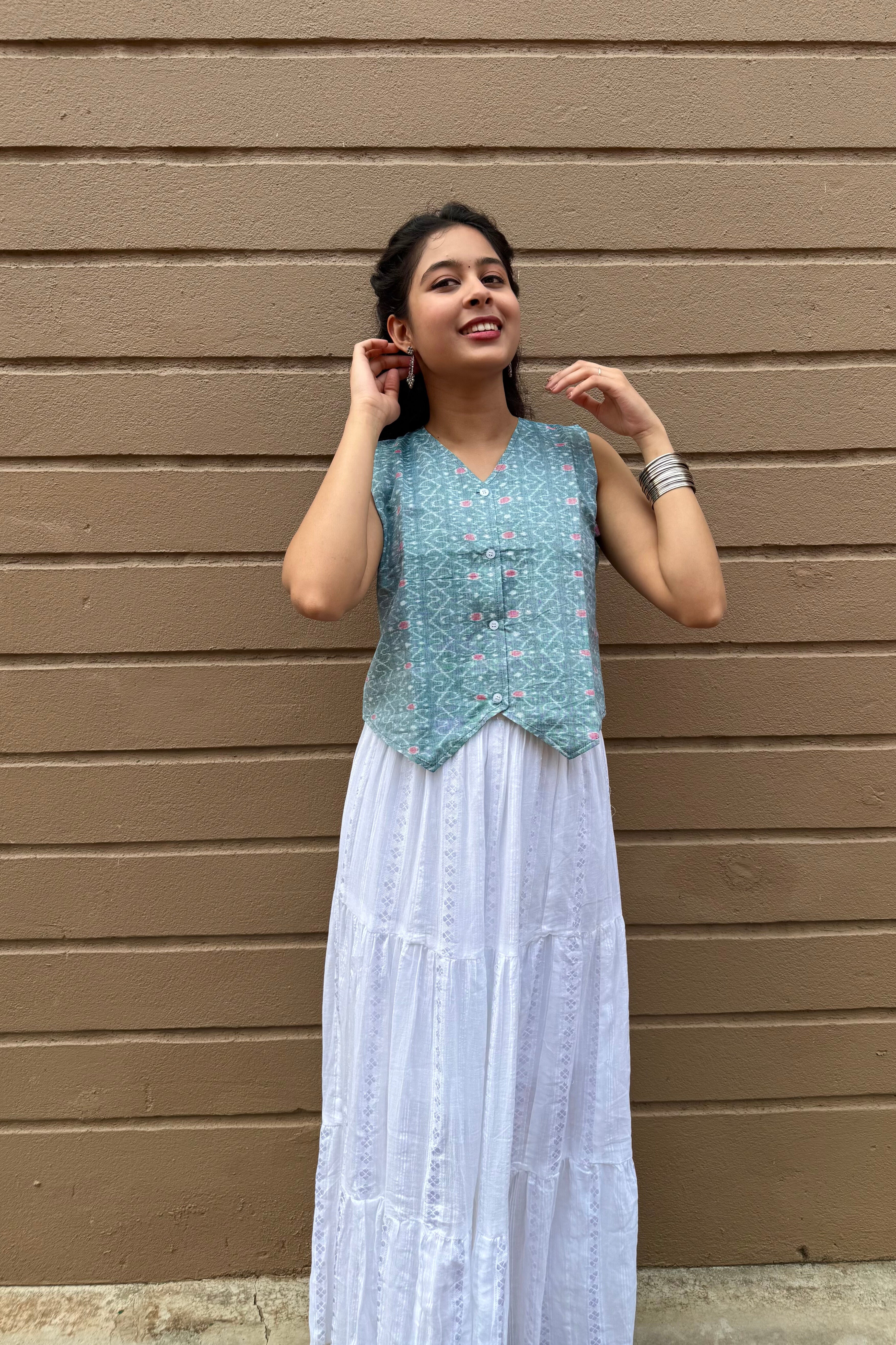 Ziya Pastel Green Double Ikkat Handloom Vest top