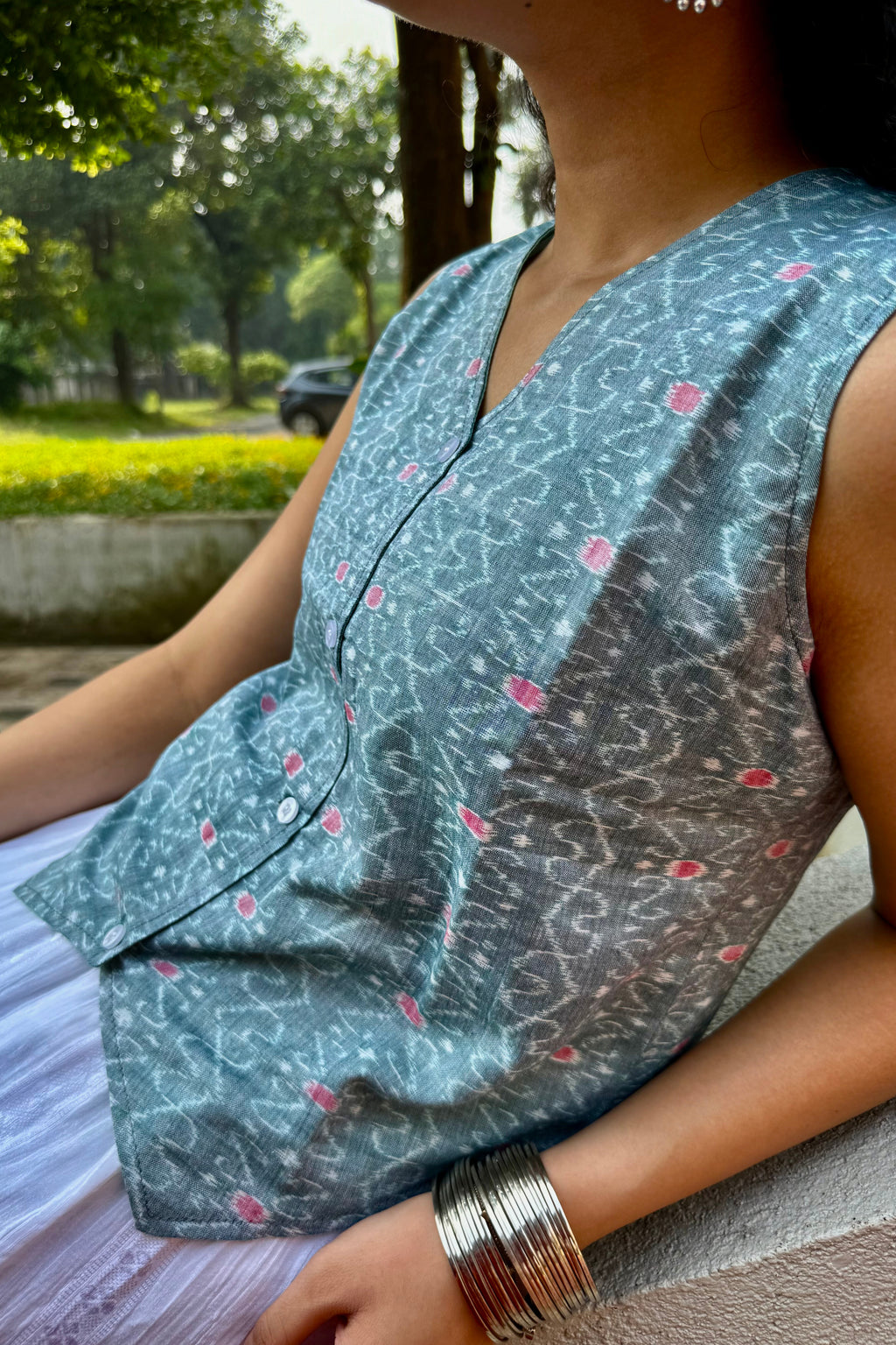 Ziya Pastel Green Double Ikkat Handloom Vest top