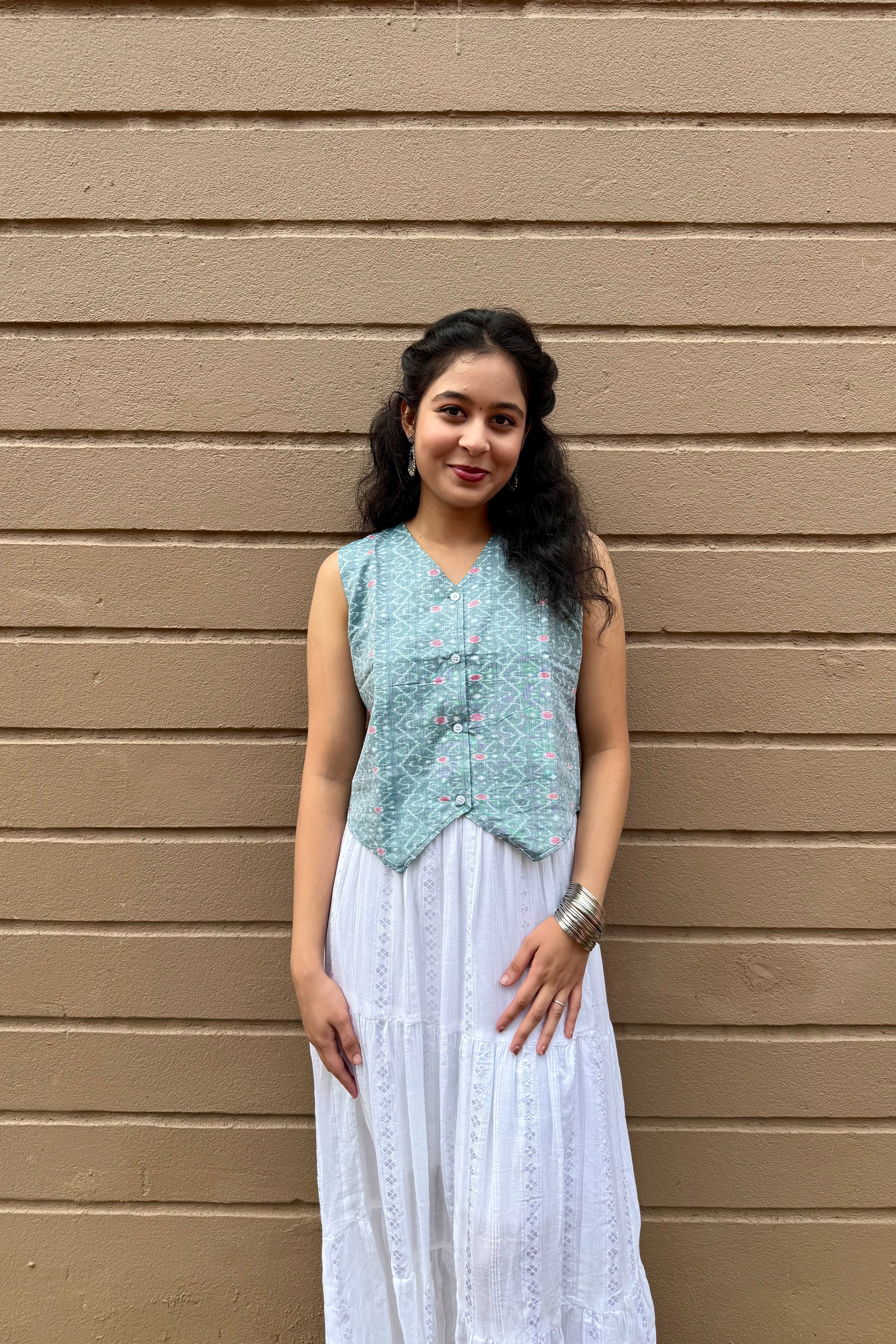 Ziya Pastel Green Double Ikkat Handloom Vest top