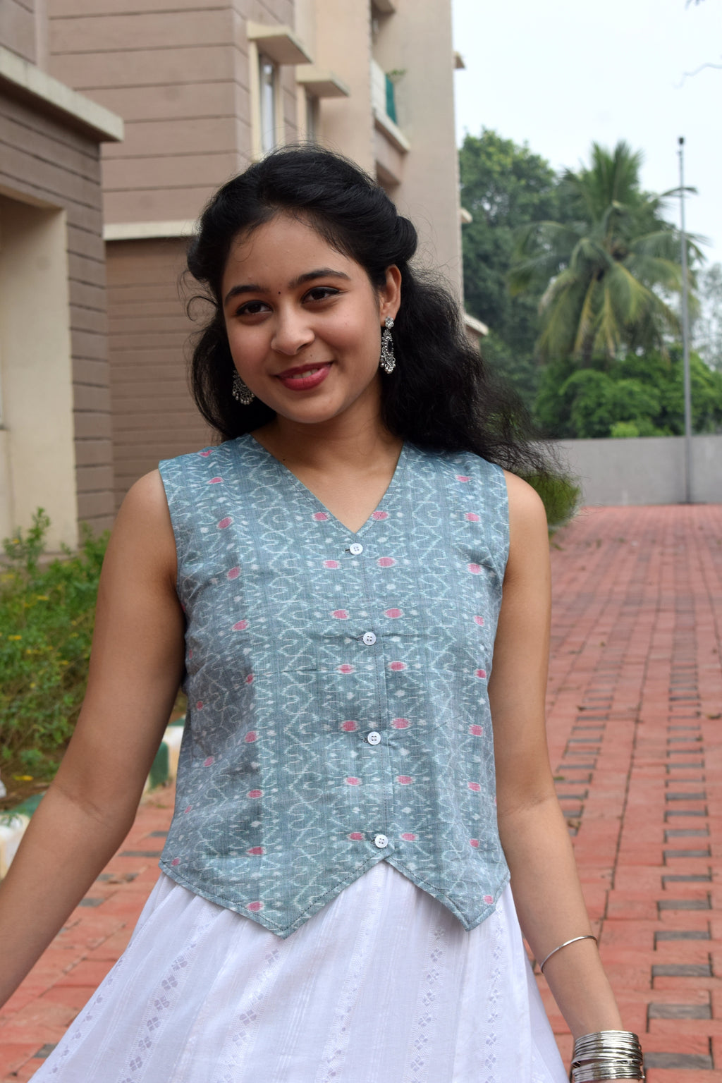 Ziya Pastel Green Double Ikkat Handloom Vest top