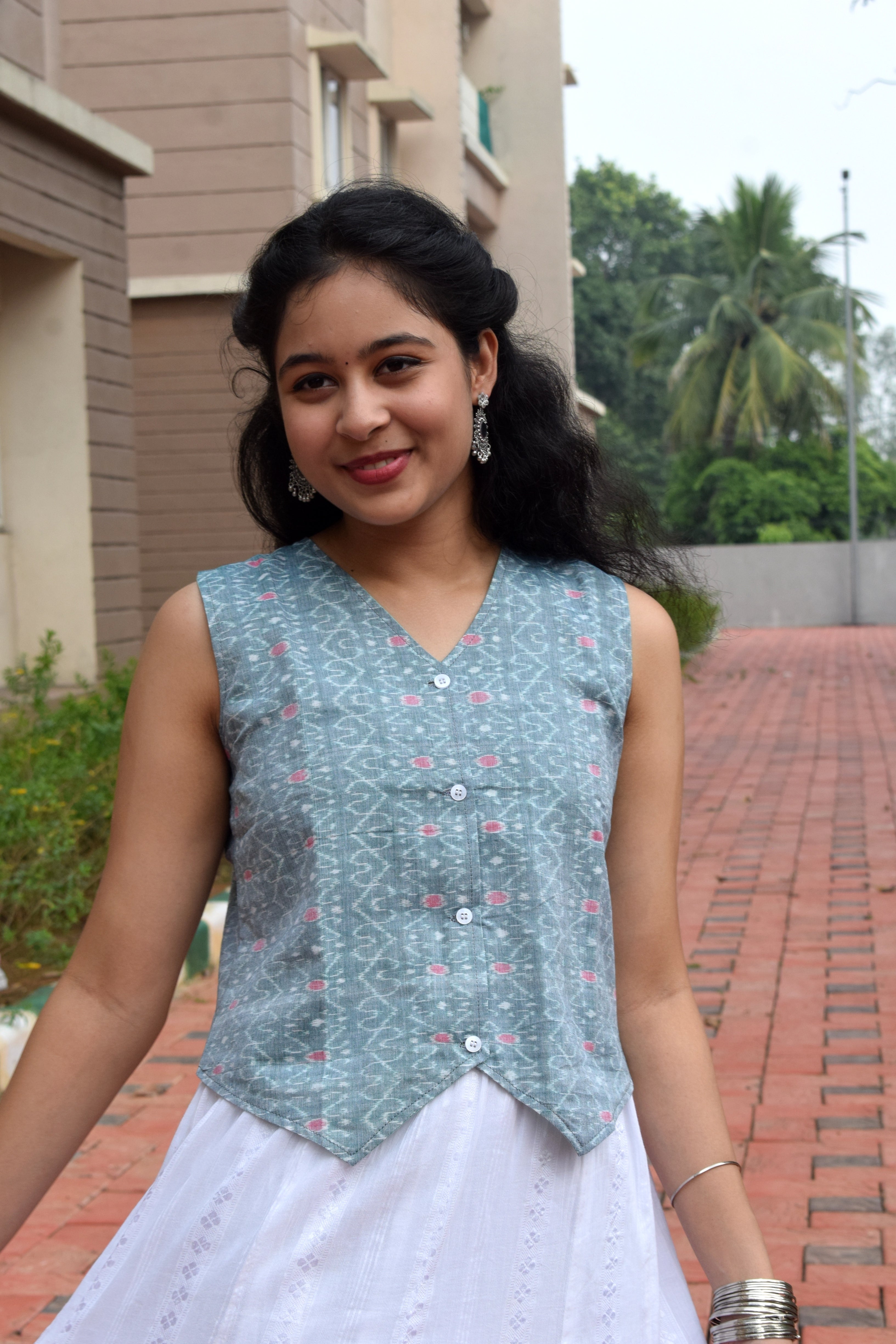 Ziya Pastel Green Double Ikkat Handloom Vest top