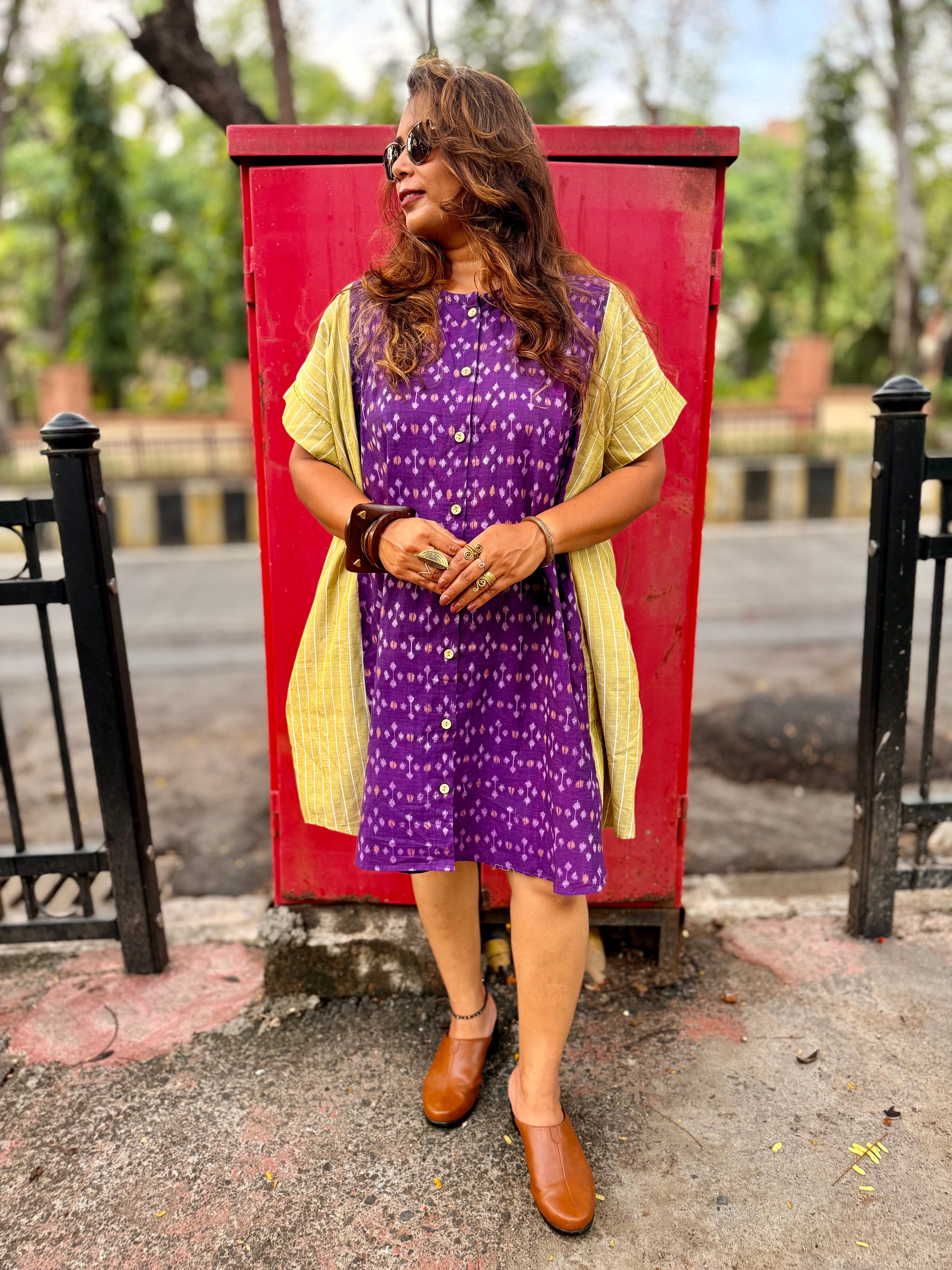 Rashi purple ikat handloom kaftaan dress with yellow contrast panels, full length front view