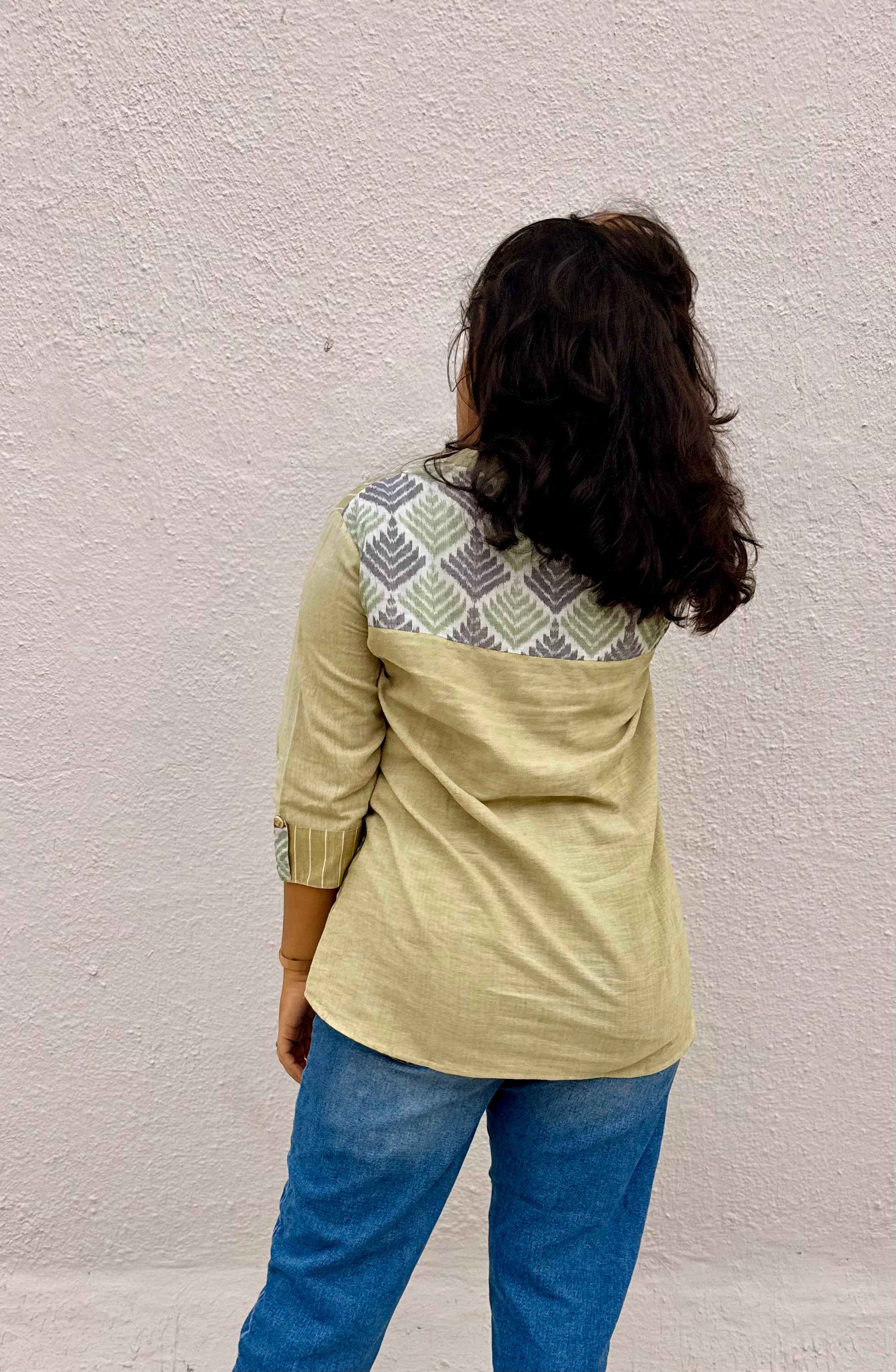 Saaj mustard handloom cotton shirt, back view showing the ikat panel