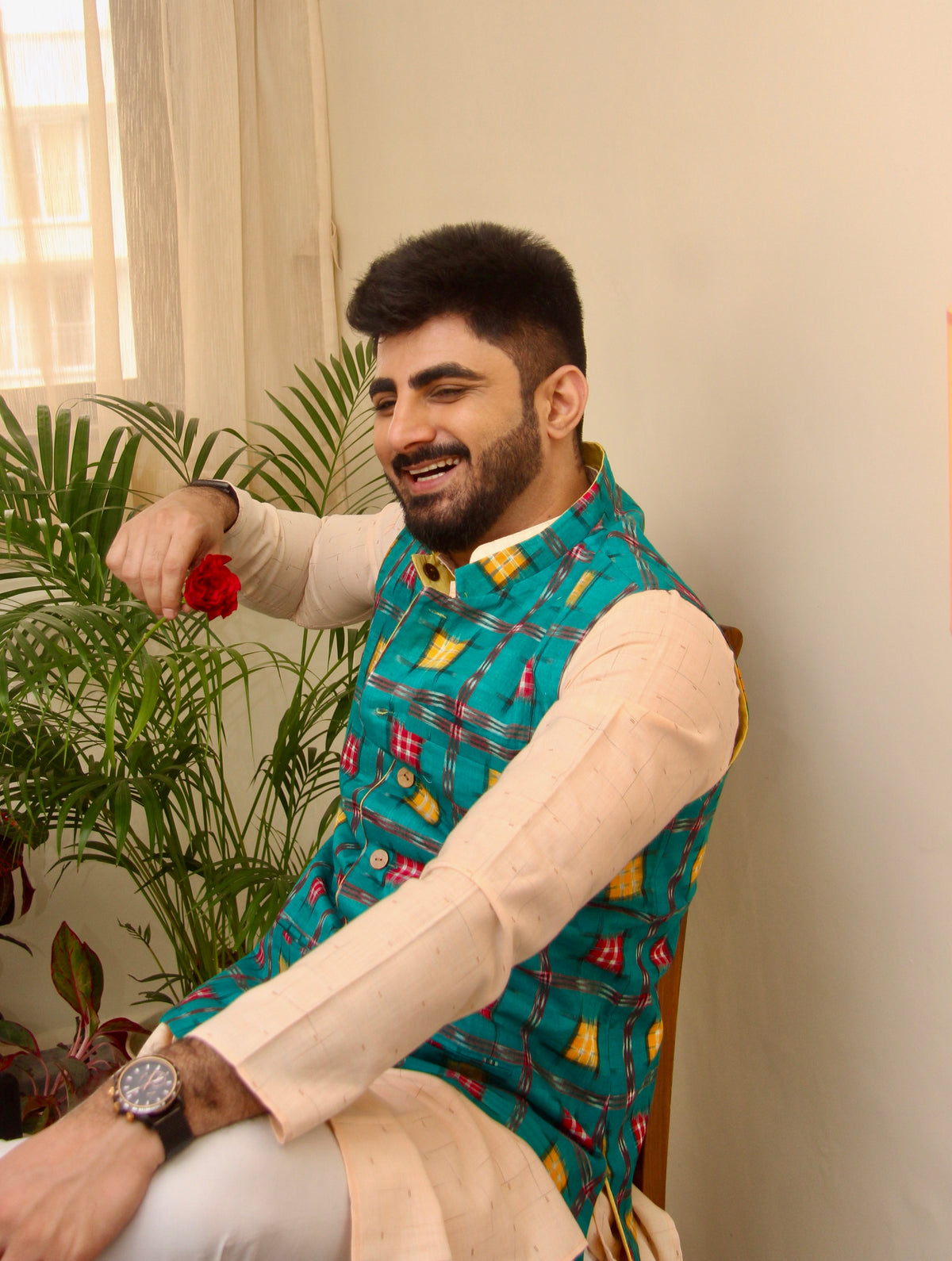 Kacchi Keri reversible handloom jacket for men, teal ikat side, standing front view