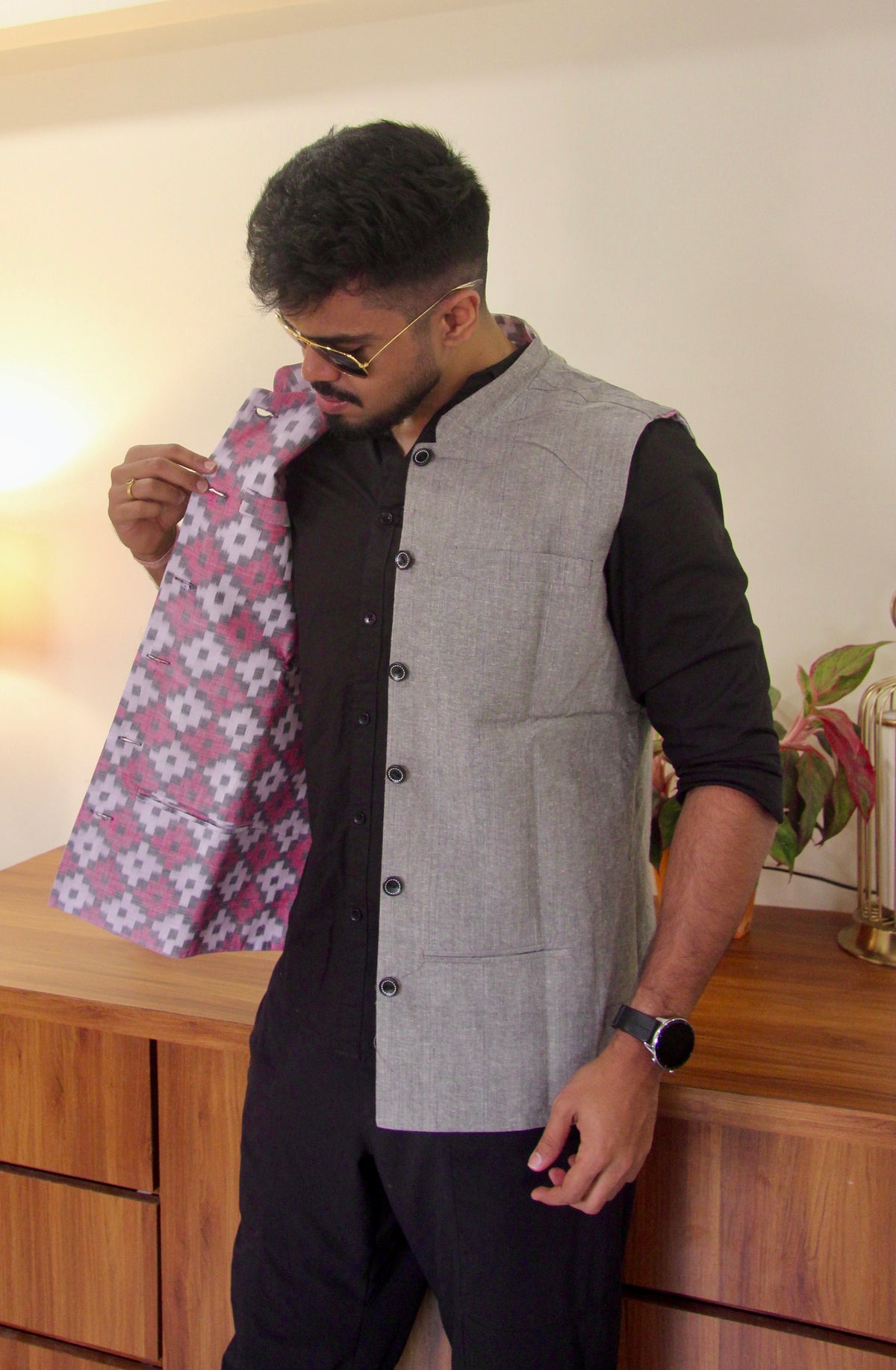Do Dil reversible handloom jacket for men, being turned to show the grey reverse side