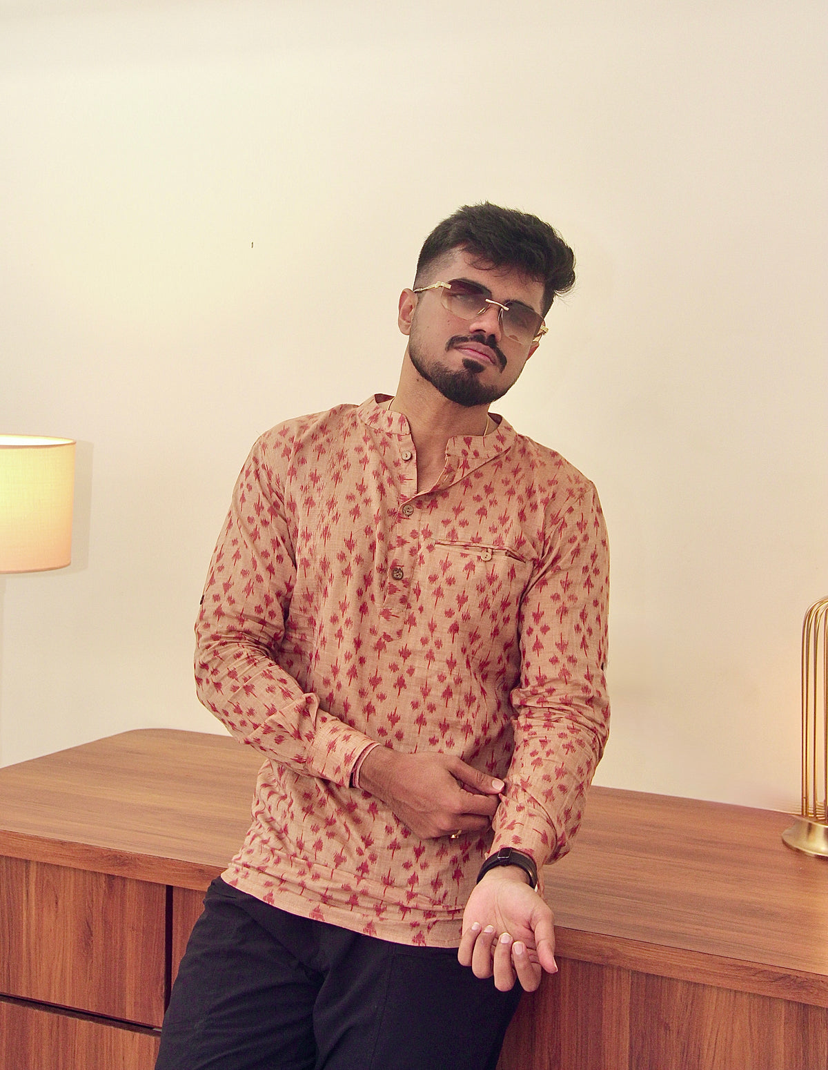 Mitti di Khushboo terracotta Nuapatna ikat handloom kurta for men, standing front view
