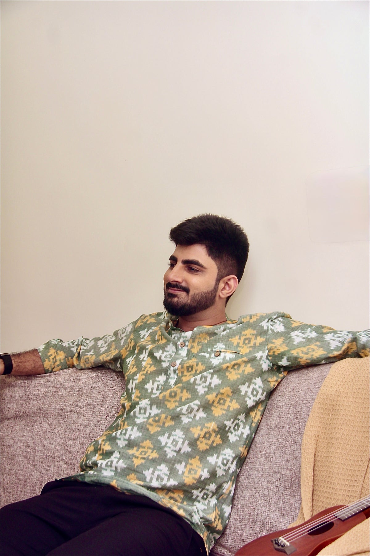 Mann Mauji sage green Sambalpuri ikat handloom kurta for men, reclining view