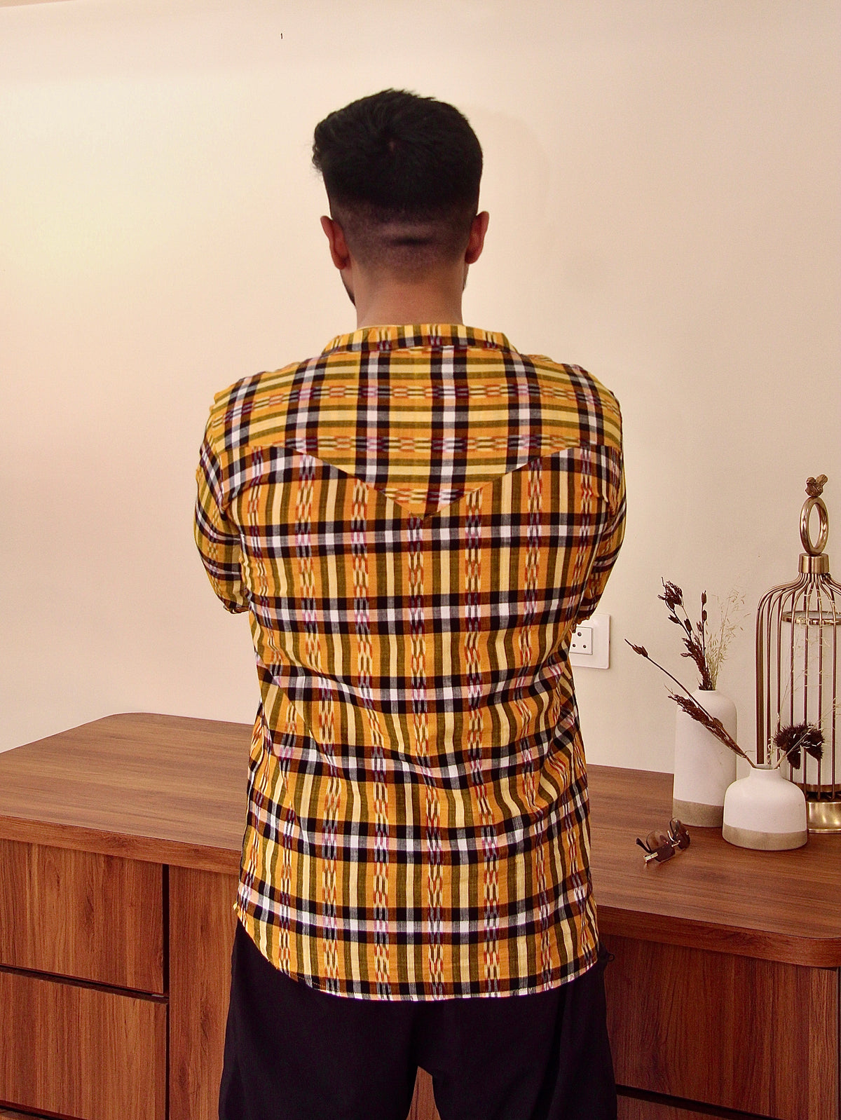 Kaali Peeli yellow and black checked Sambalpuri ikat handloom kurta for men, back view