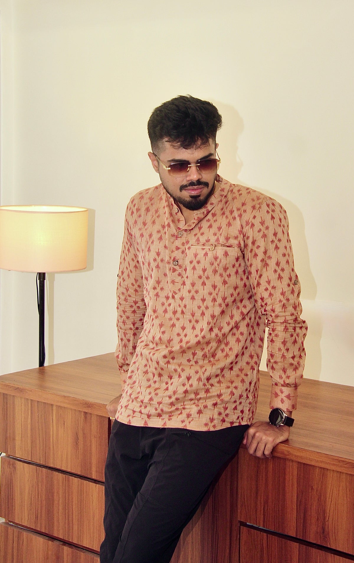 Mitti di Khushboo terracotta Nuapatna ikat handloom kurta for men, three-quarter view