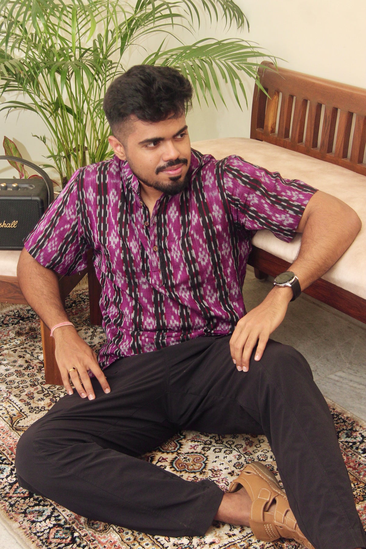 Kaala Jamun purple Sambalpuri ikat handloom kurta for men, seated front view
