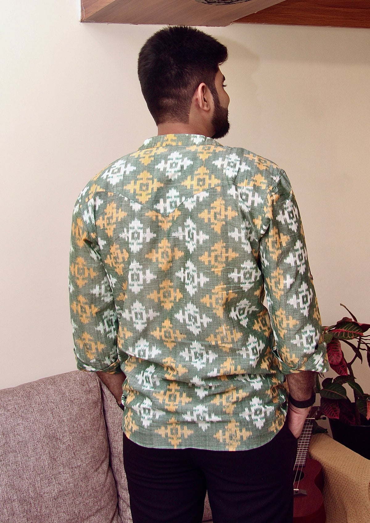 Mann Mauji sage green Sambalpuri ikat handloom kurta for men, back view
