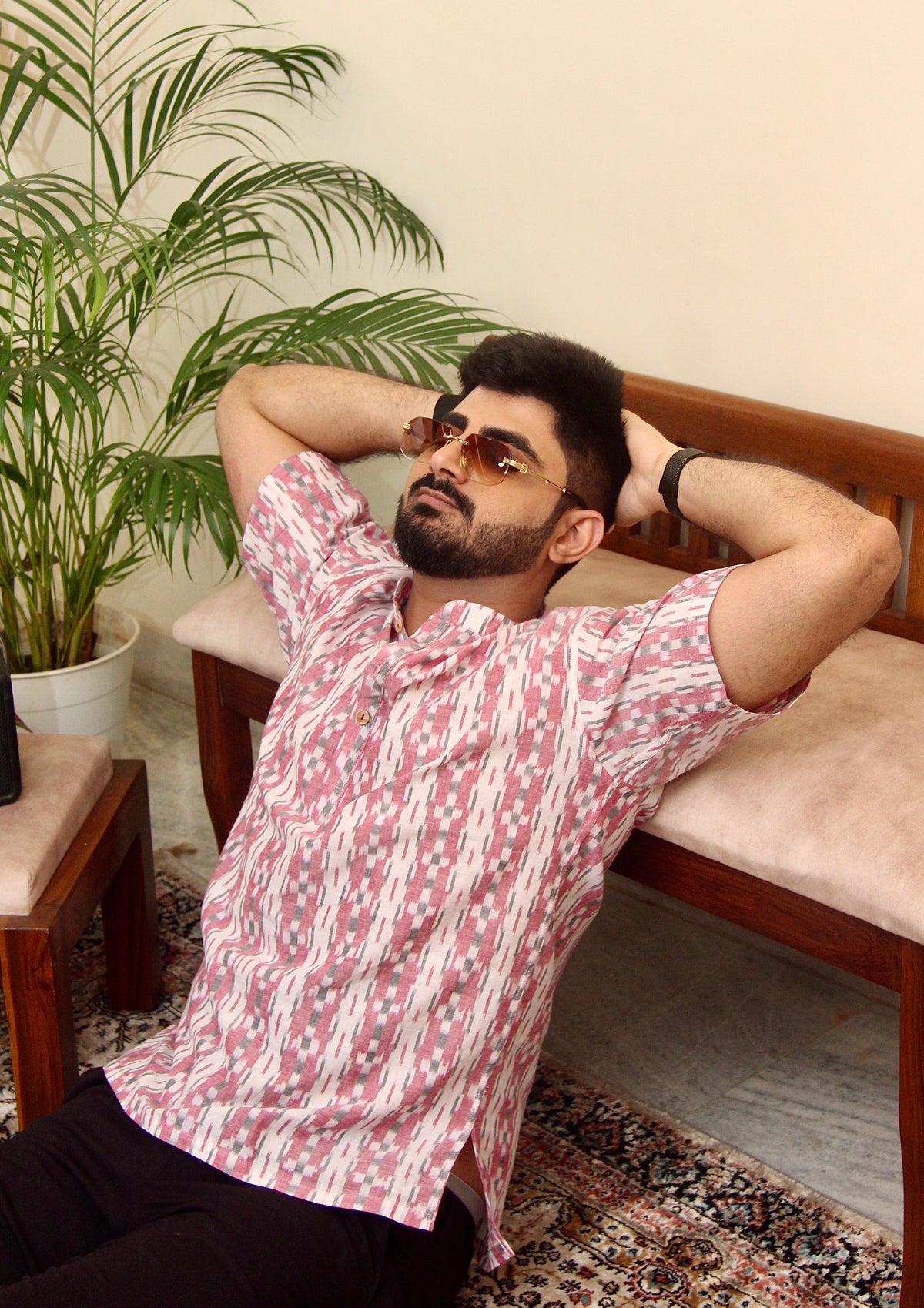 Safed Gulaab white and pink Sambalpuri ikat handloom kurta for men, reclining view