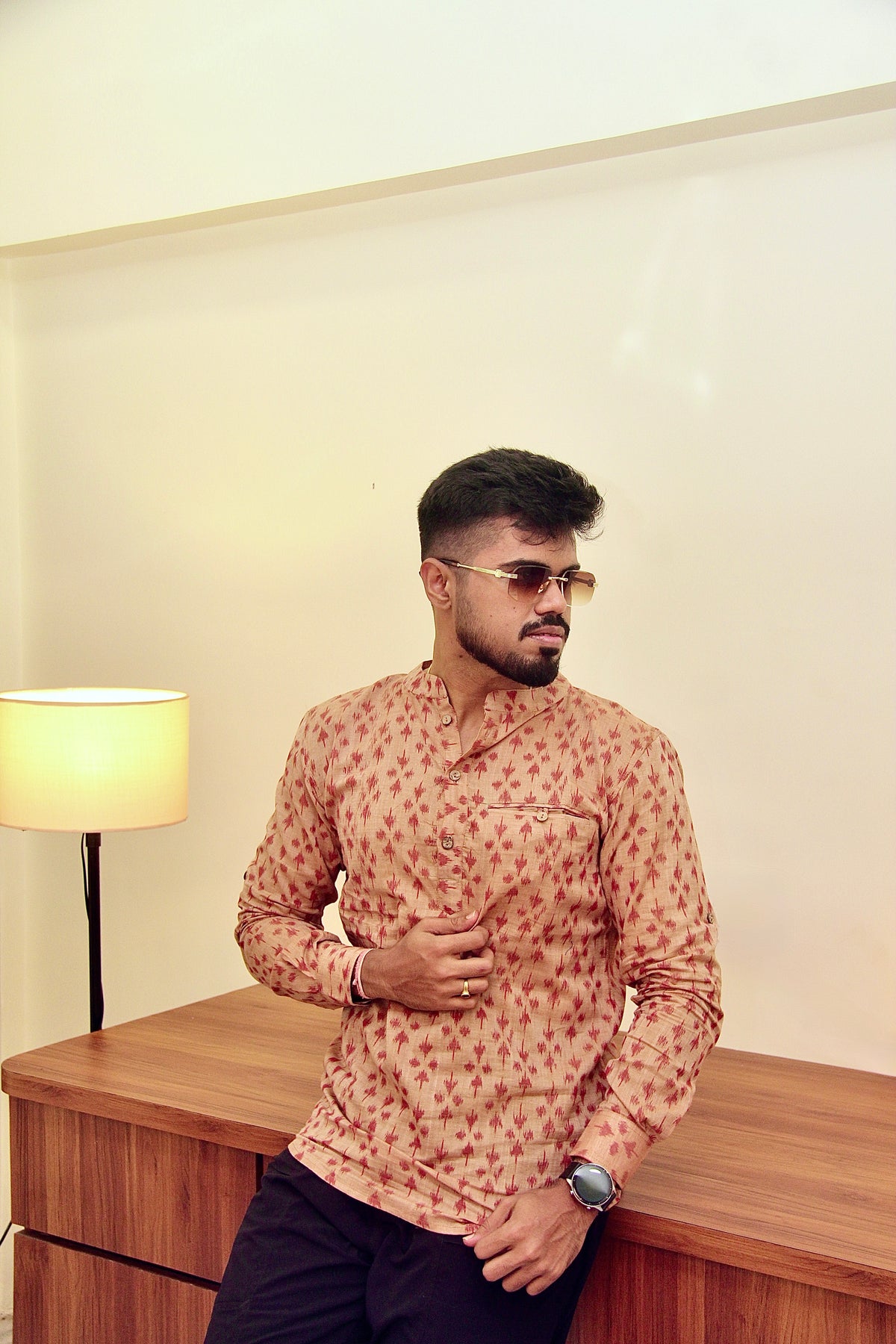 Mitti di Khushboo terracotta Nuapatna ikat handloom kurta for men, front view
