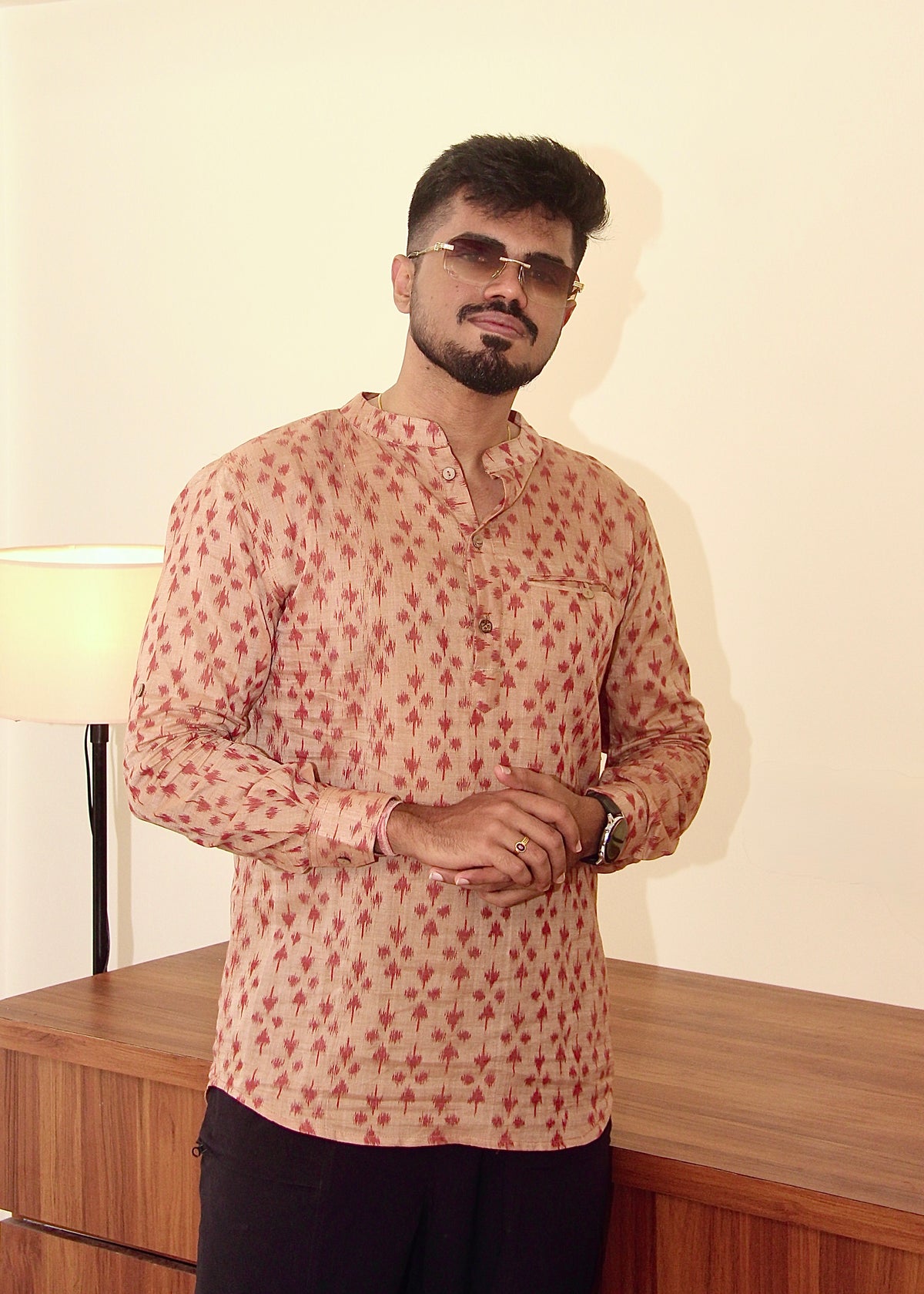 Mitti di Khushboo terracotta Nuapatna ikat handloom kurta for men, standing view