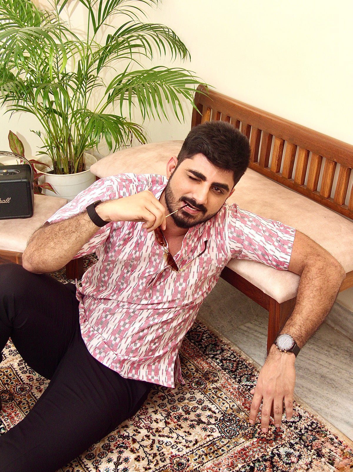 Safed Gulaab white and pink Sambalpuri ikat handloom kurta for men, front view