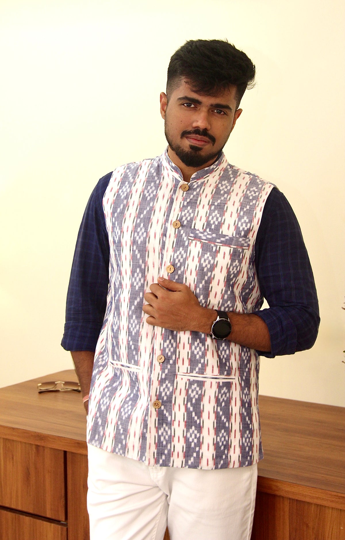 Sagar Kinaare reversible handloom jacket for men, blue ikat side, standing front view