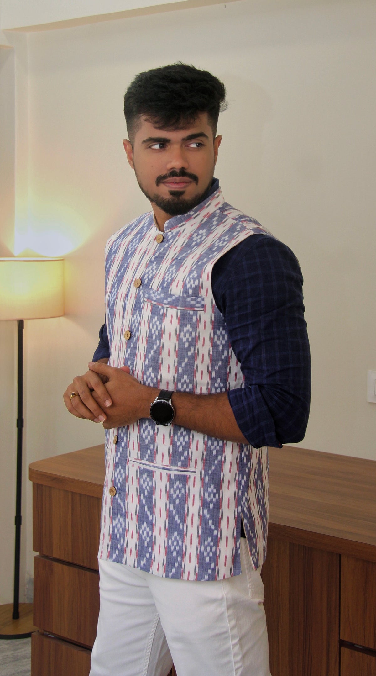 Sagar Kinaare reversible handloom jacket for men, blue ikat side, three-quarter view