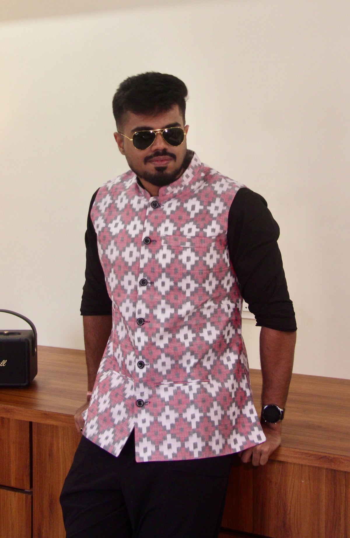 Do Dil reversible handloom jacket for men, pink ikat side, standing front view