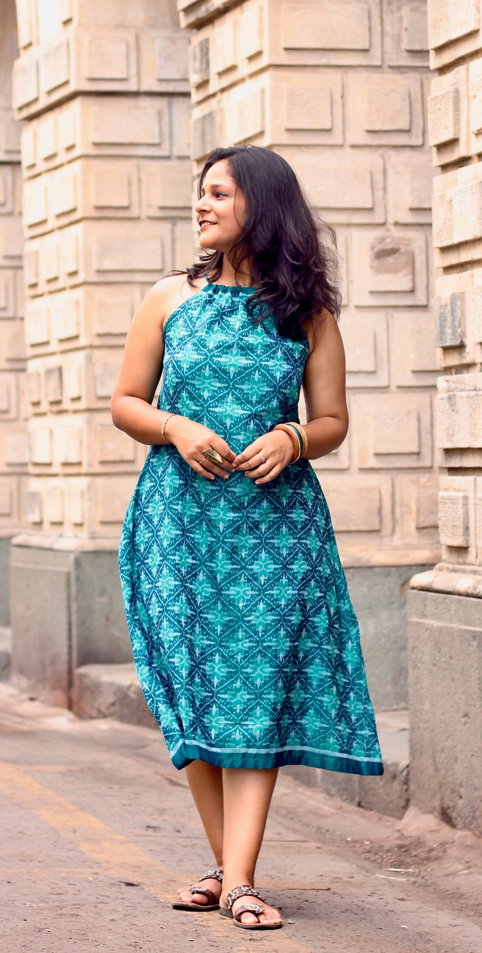 Midnight Bloom Sambalpuri Handloom Dress- Green