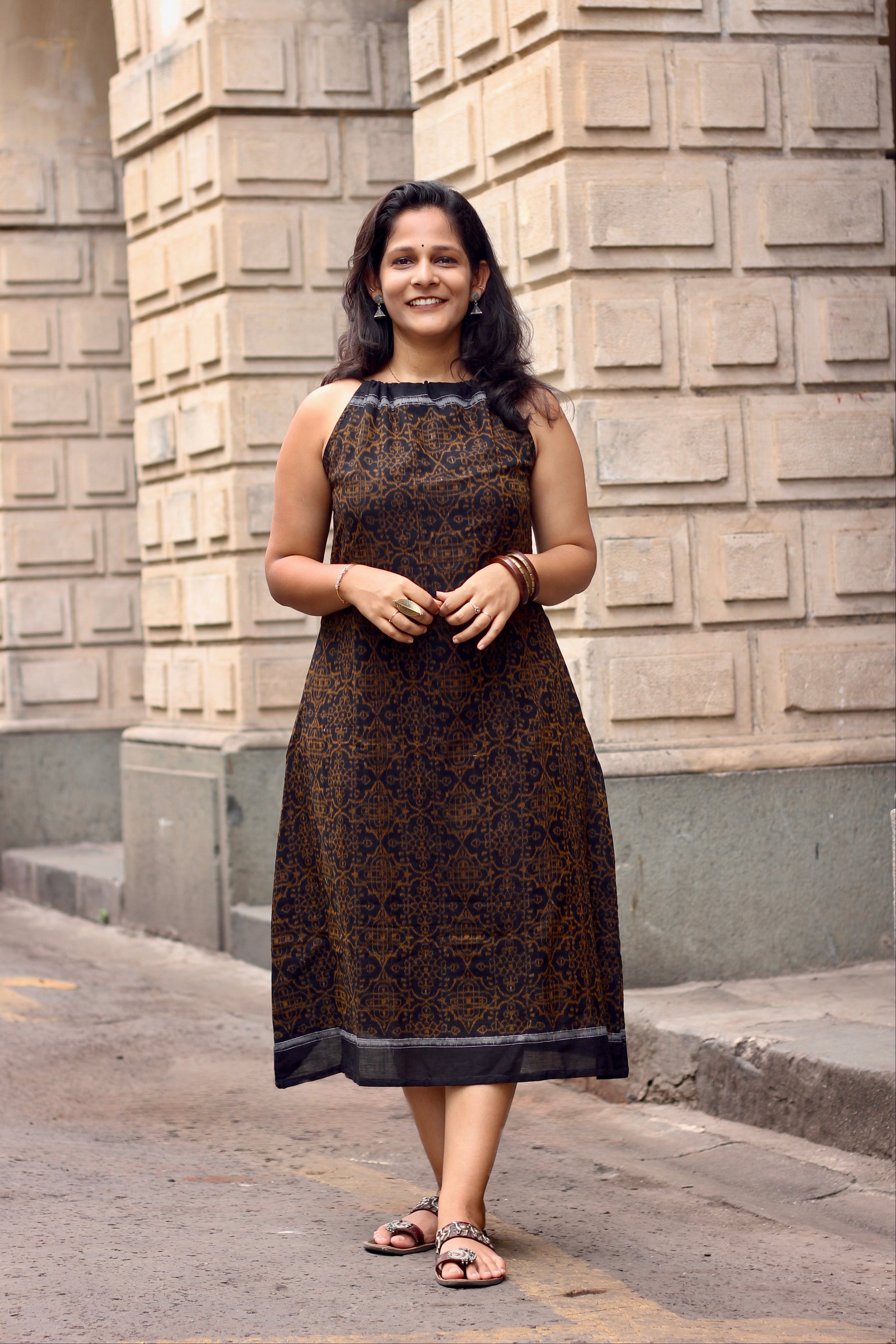 Midnight Bloom Sambalpuri Handloom Dress- Black