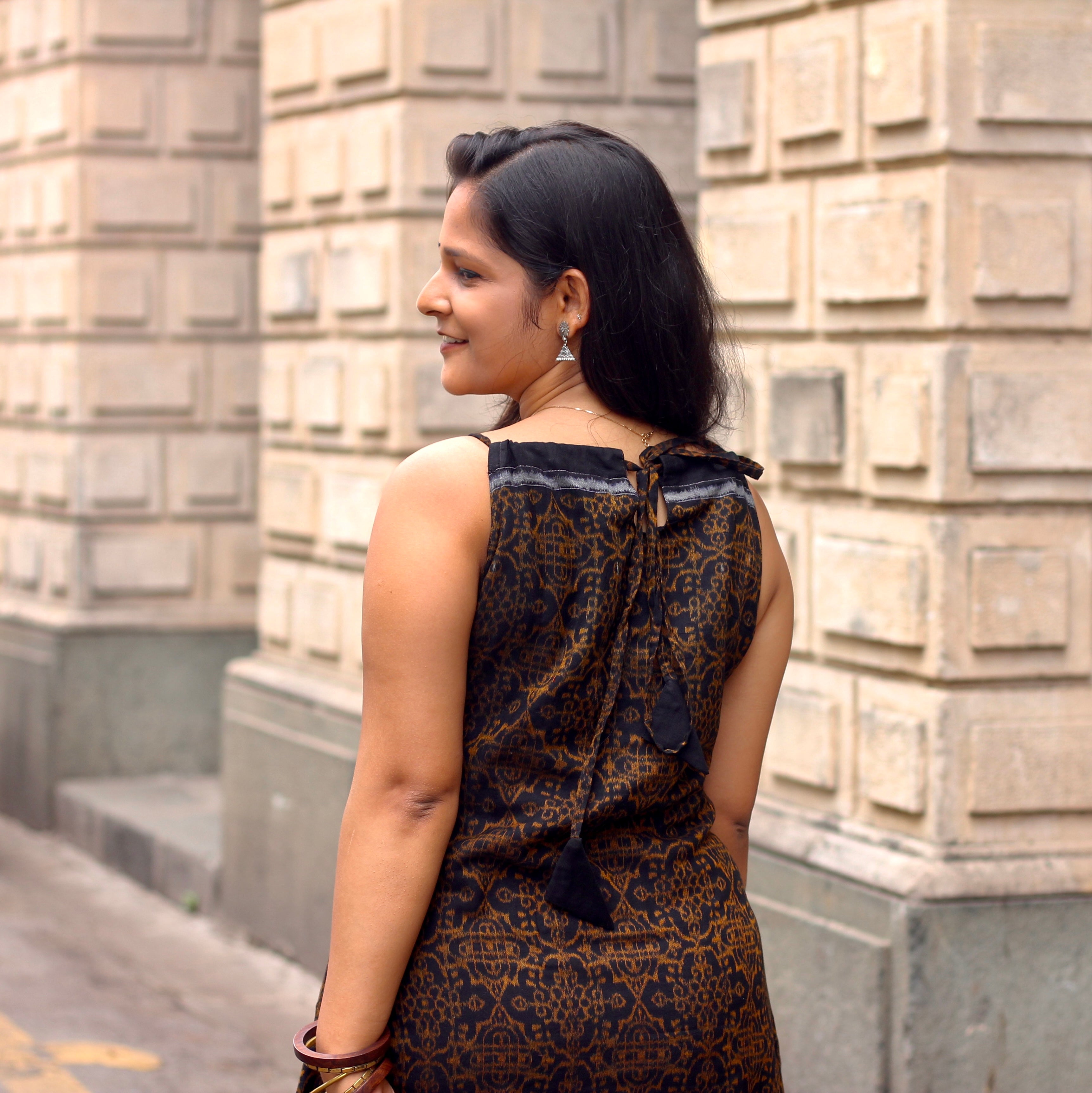 Midnight Bloom Sambalpuri Handloom Dress- Black