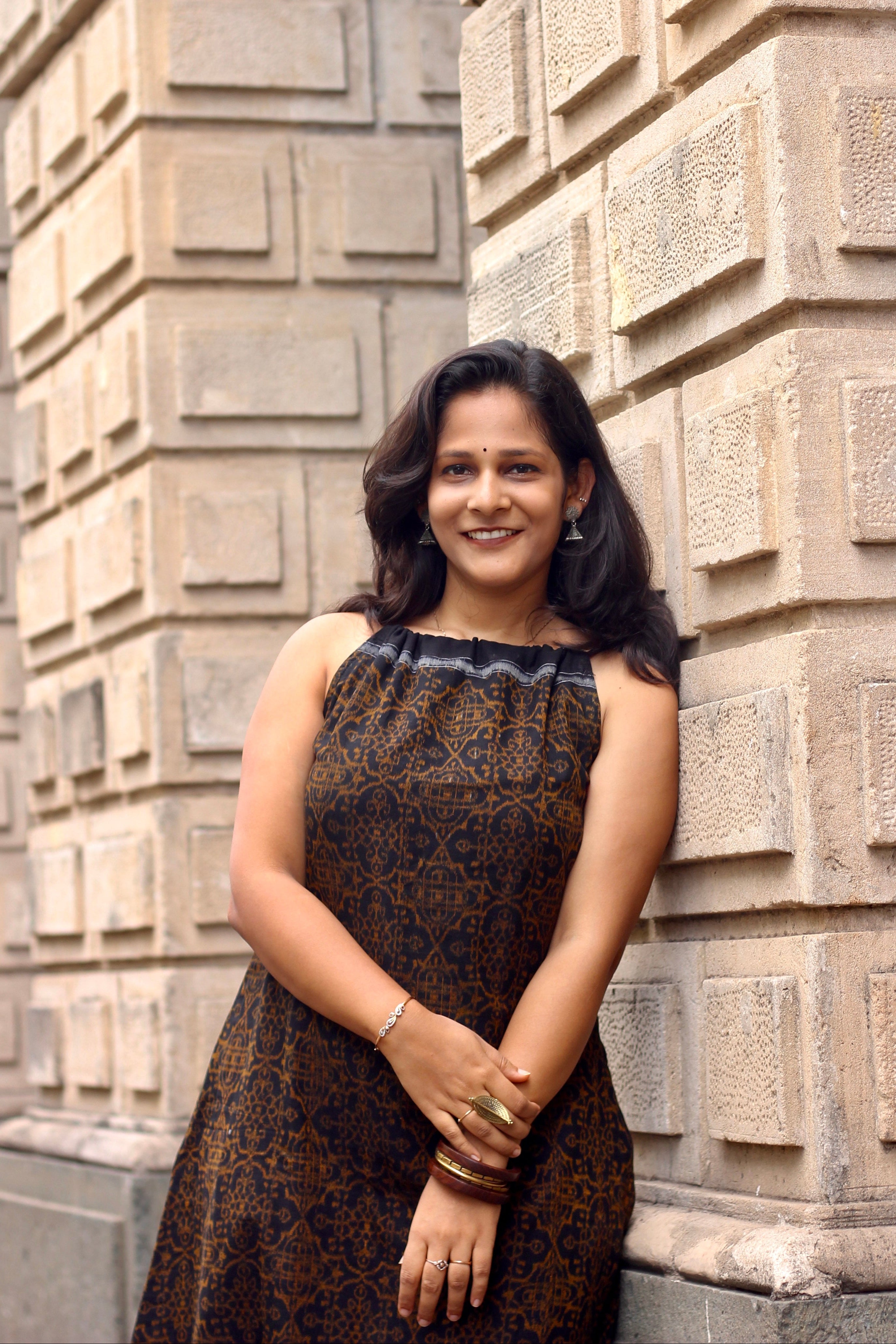 Midnight Bloom Sambalpuri Handloom Dress- Black