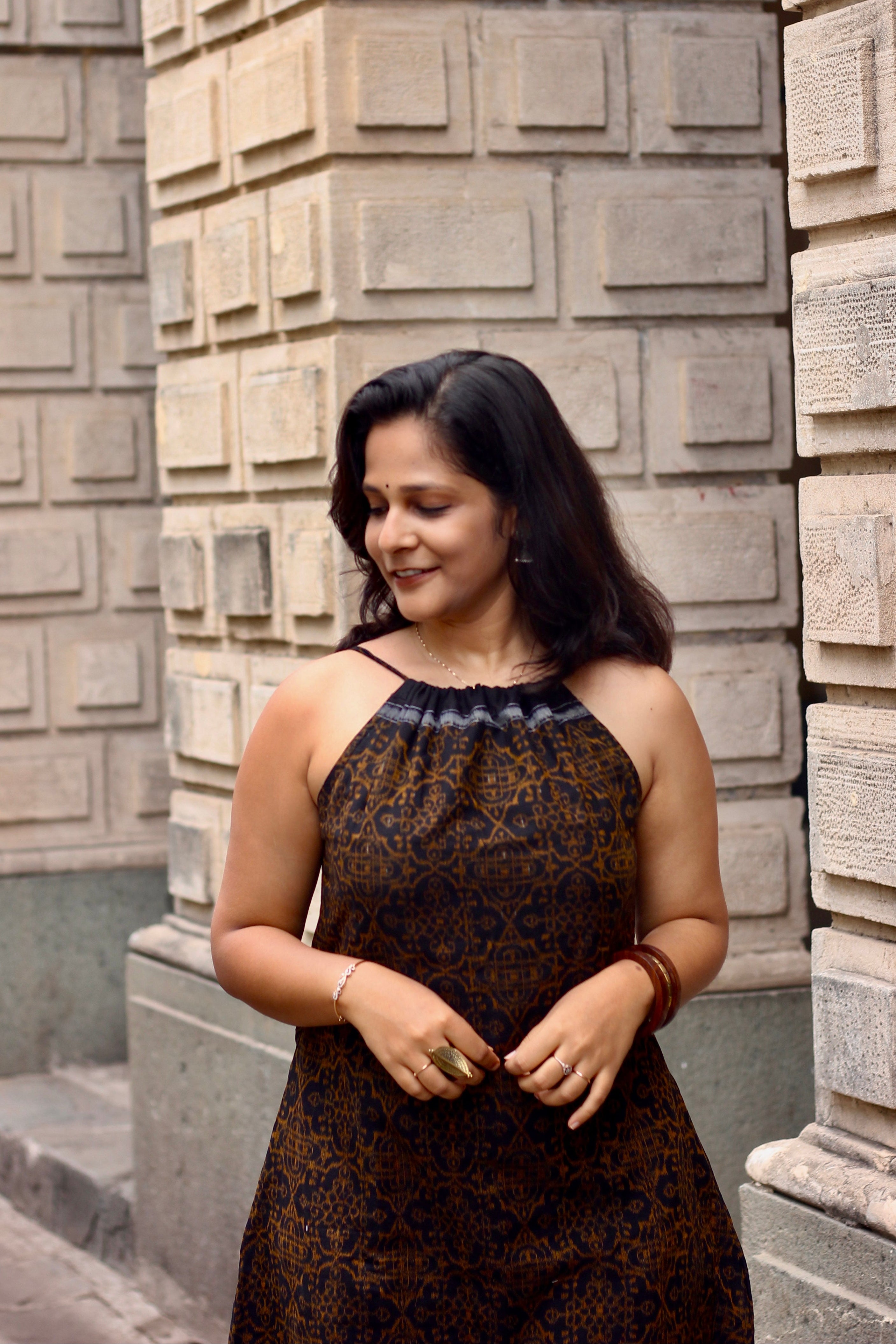 Midnight Bloom Sambalpuri Handloom Dress- Black