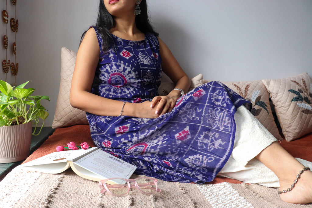 Bhumika Blue Double Ikkat Handloom A-line Kurti