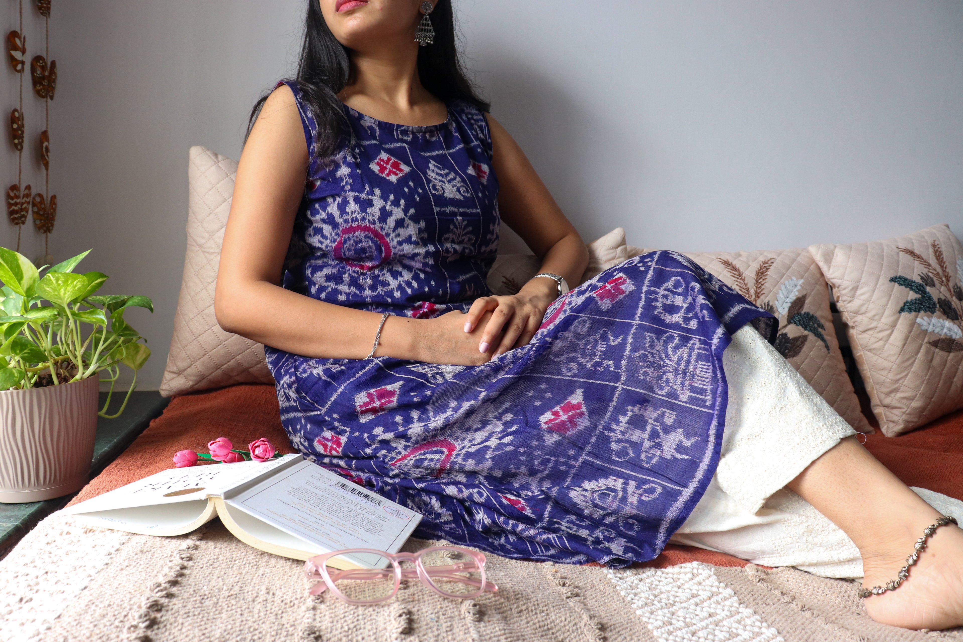 Bhumika Blue Double Ikkat Handloom A-line Kurti