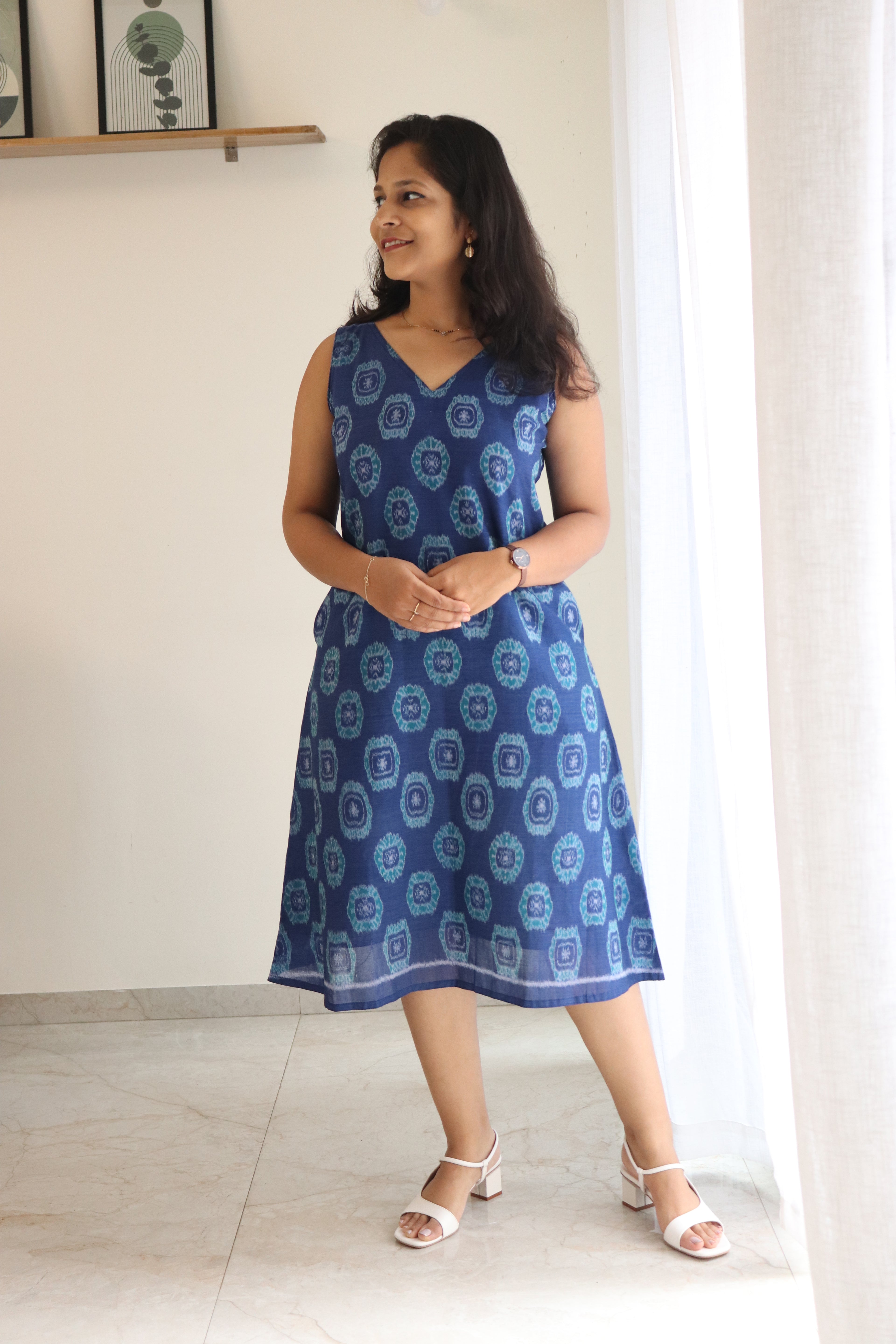 Neerja Blue Handloom double ikat A- line dress