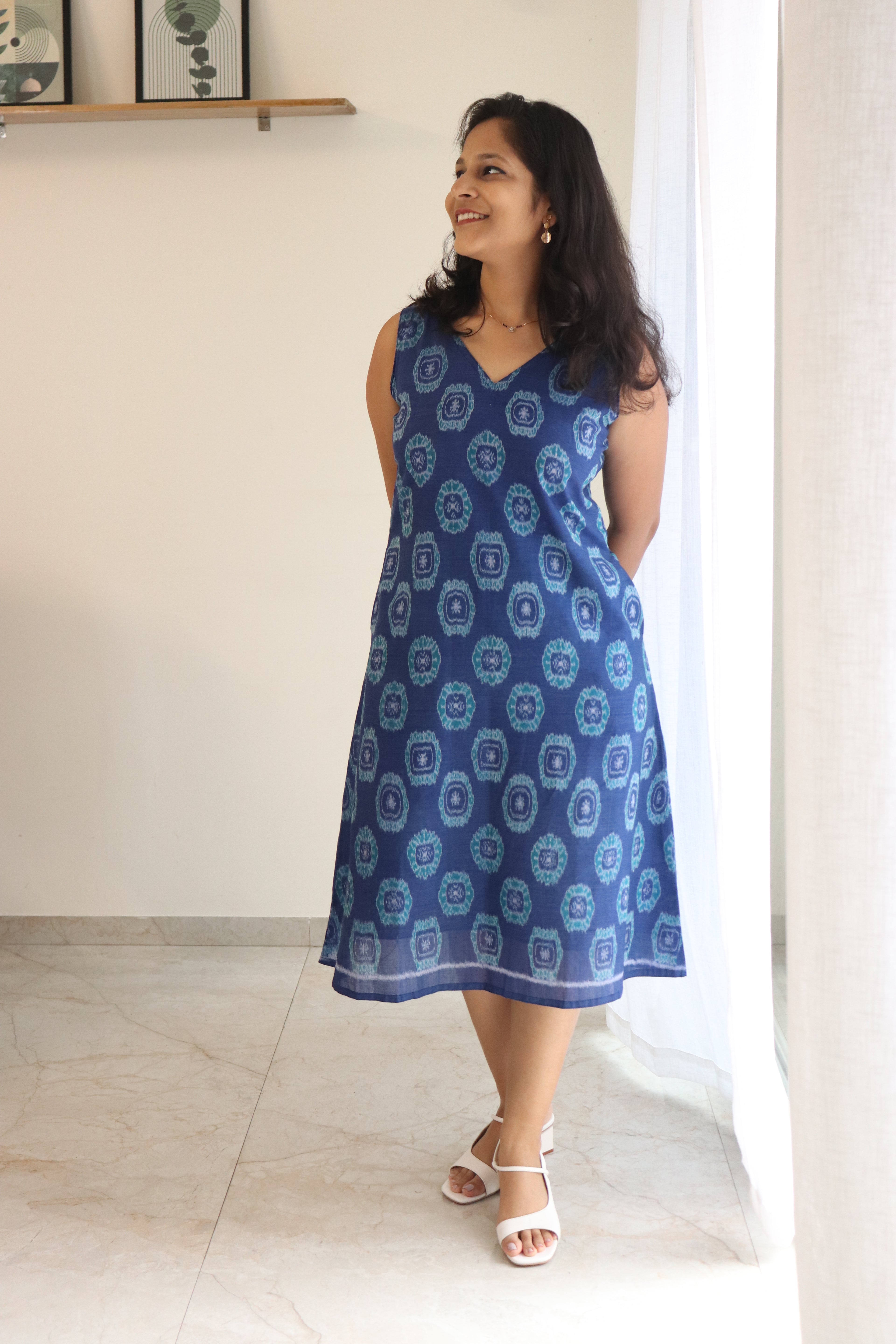 Neerja Blue Handloom double ikat A- line dress