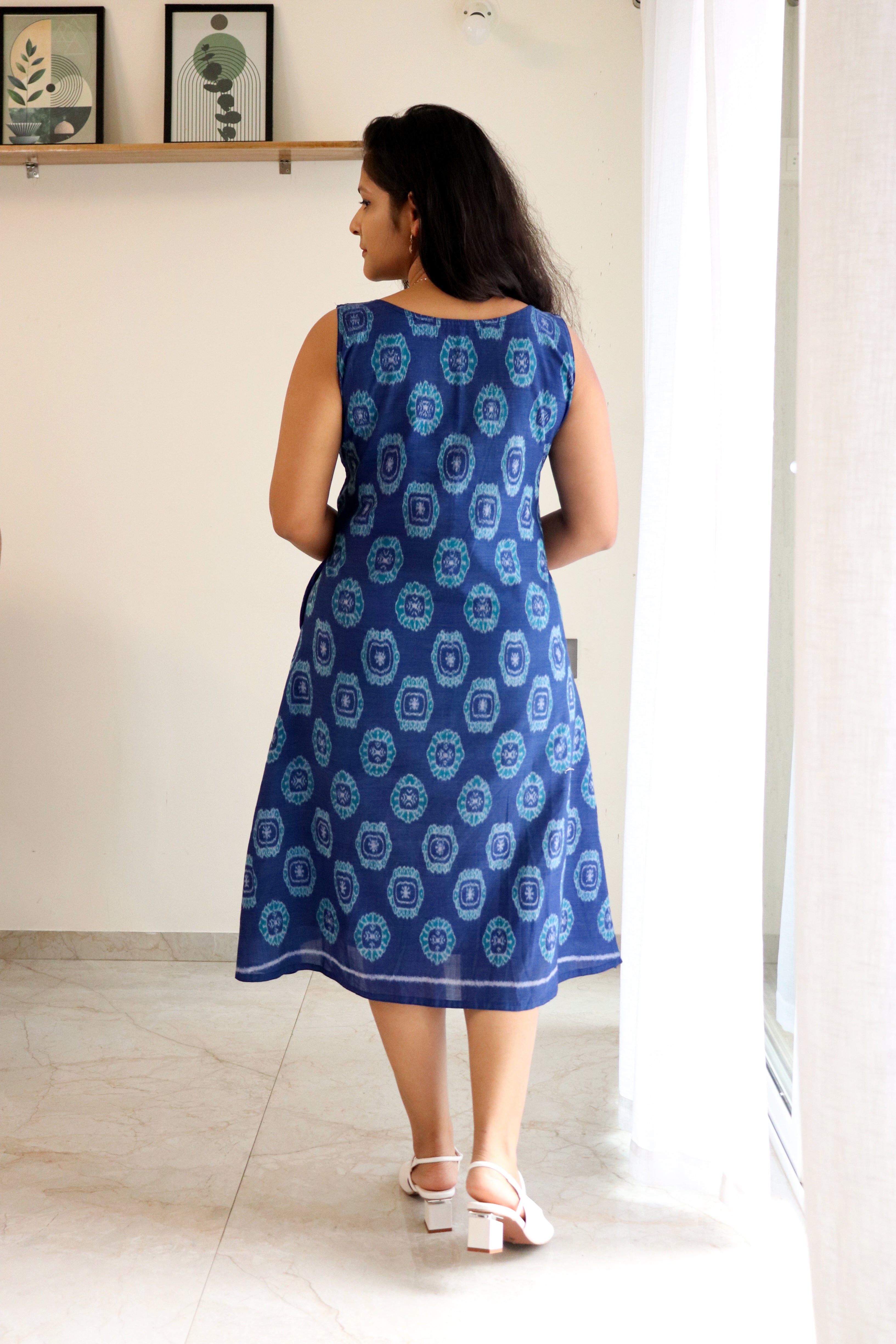 Neerja Blue Handloom double ikat A- line dress