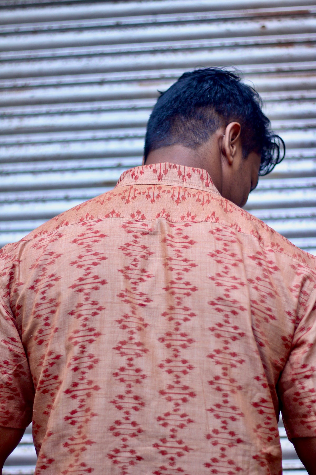 Kora terracotta Nuapatna ikat handloom shirt for men, close view of the ikat motifs