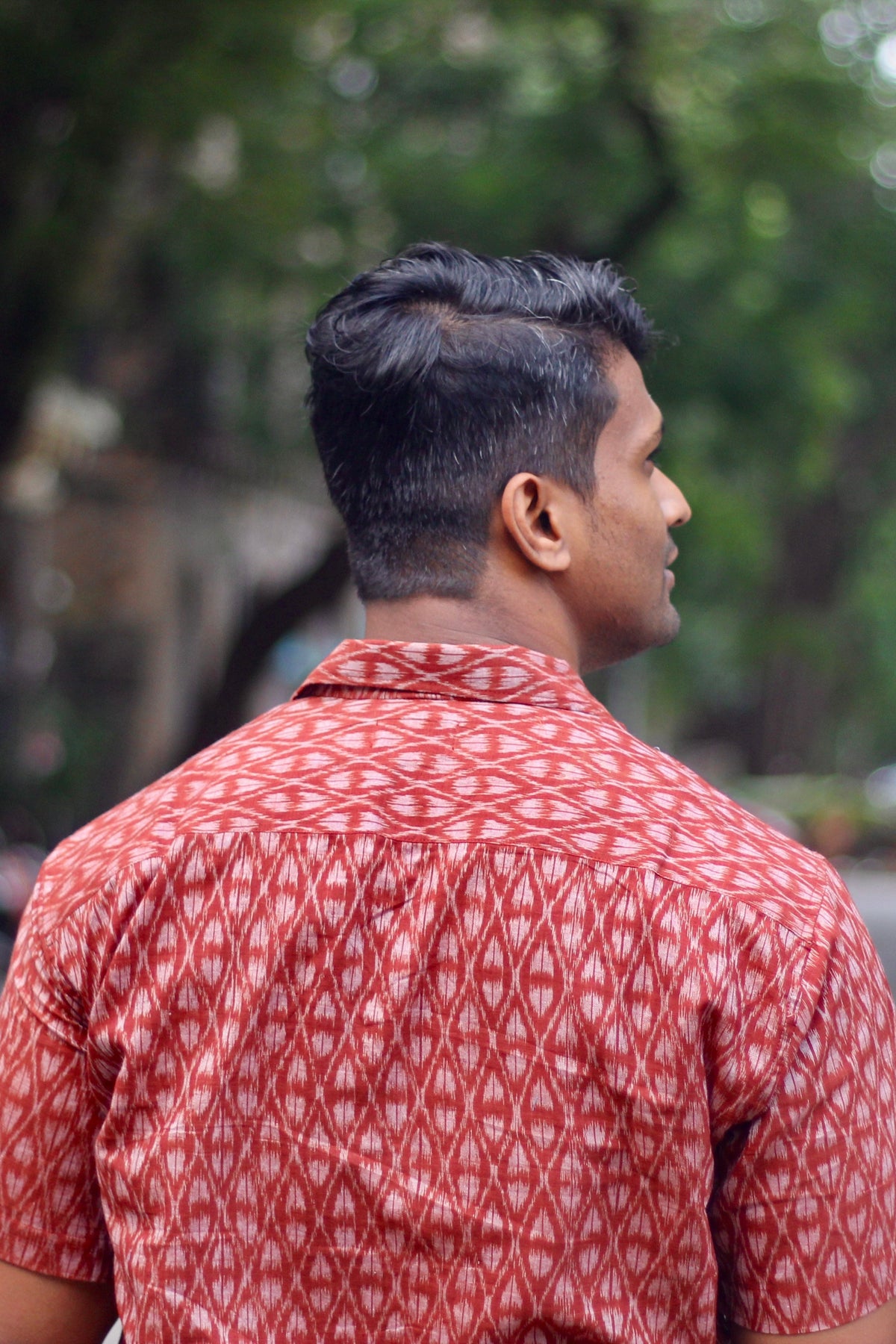 Maati brick red Nuapatna ikat handloom shirt for men, back view
