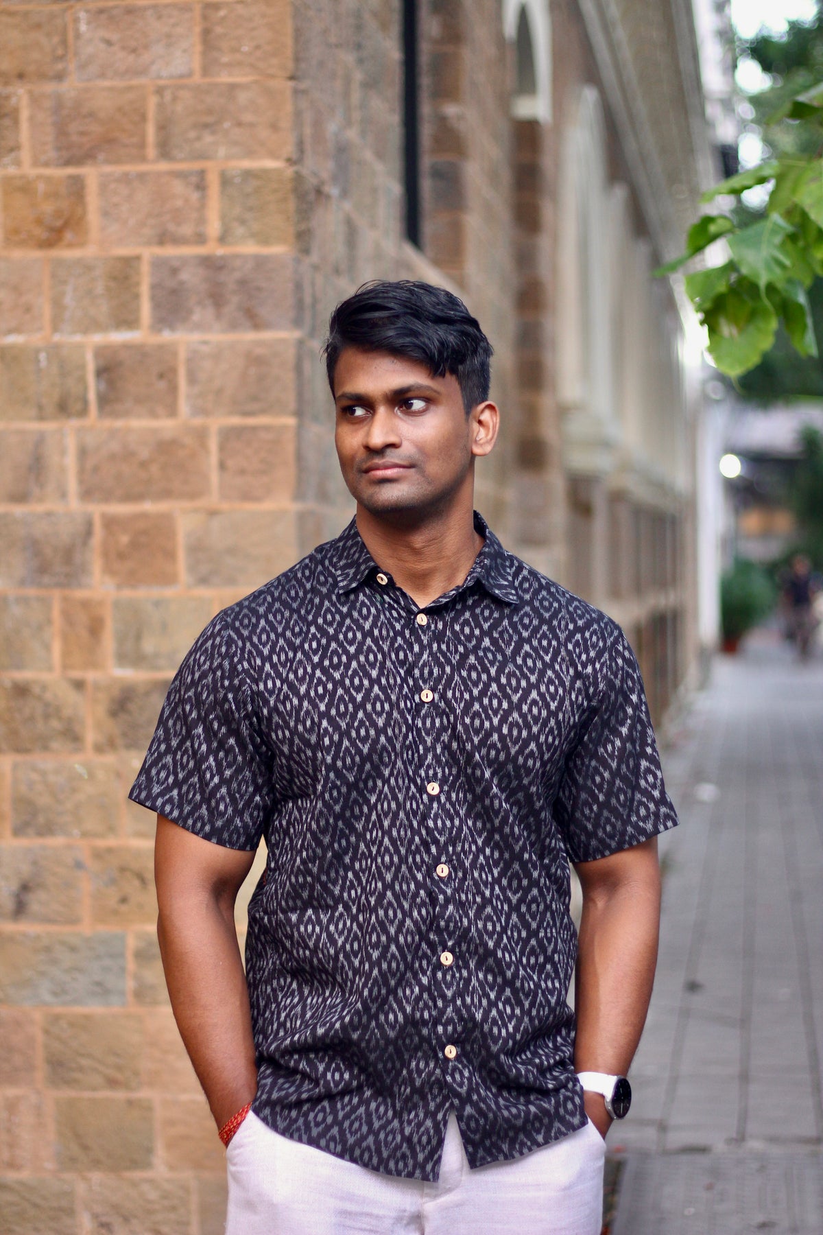 Nishith navy Nuapatna ikat handloom shirt for men, full length front view