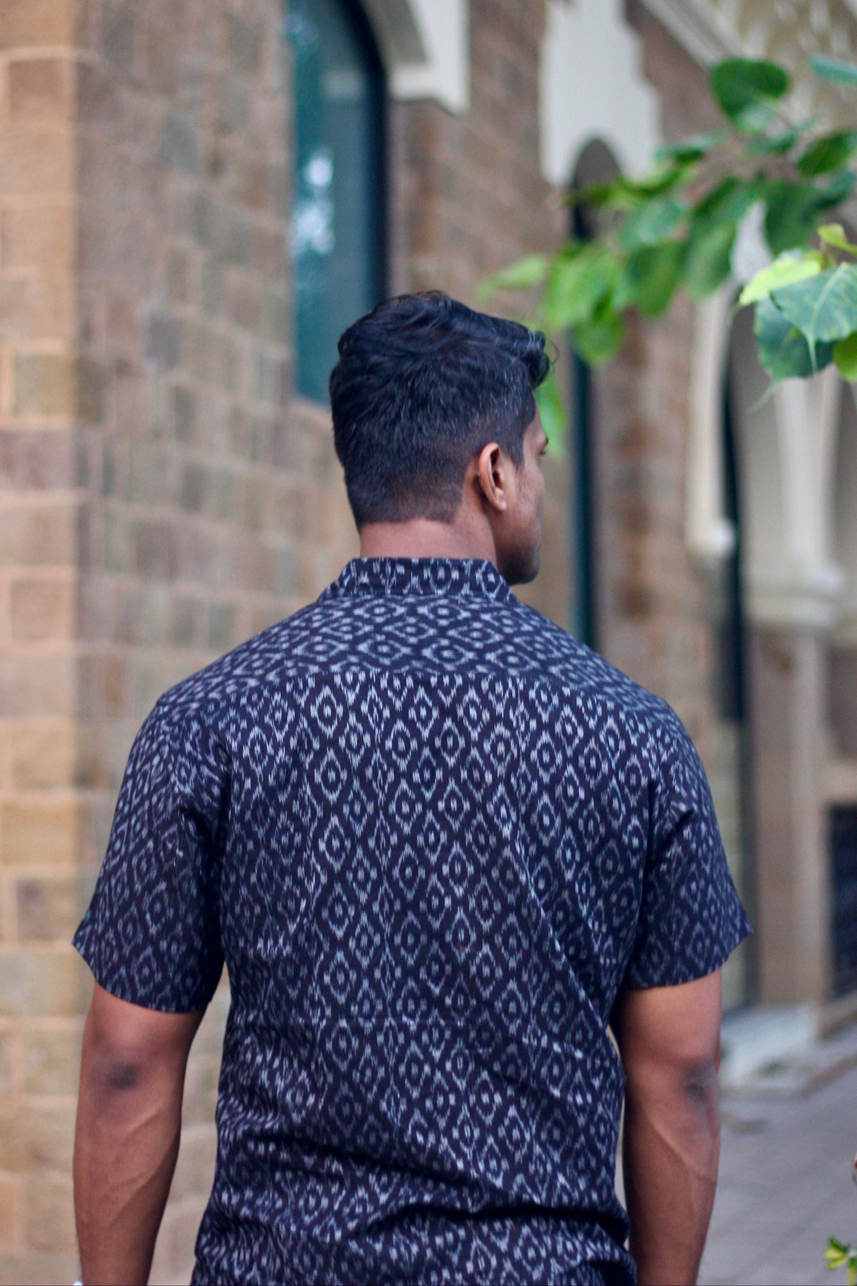 Nishith navy Nuapatna ikat handloom shirt for men, back view