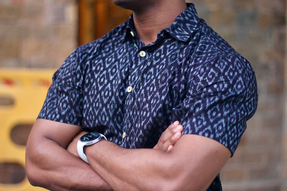 Nishith navy Nuapatna ikat handloom shirt for men, close view of the diamond ikat motifs