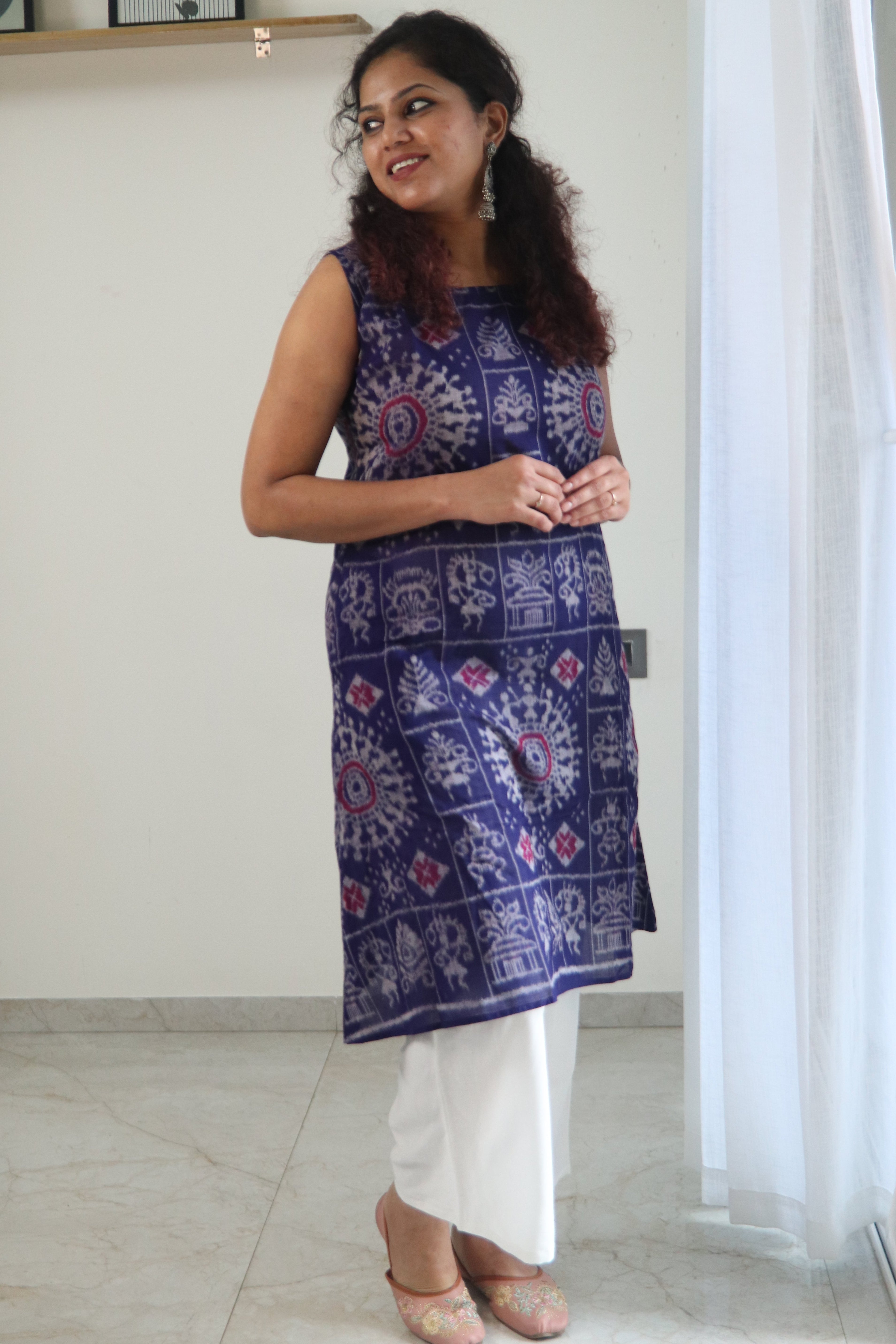 Bhumika Blue Double Ikkat Handloom A-line Kurti