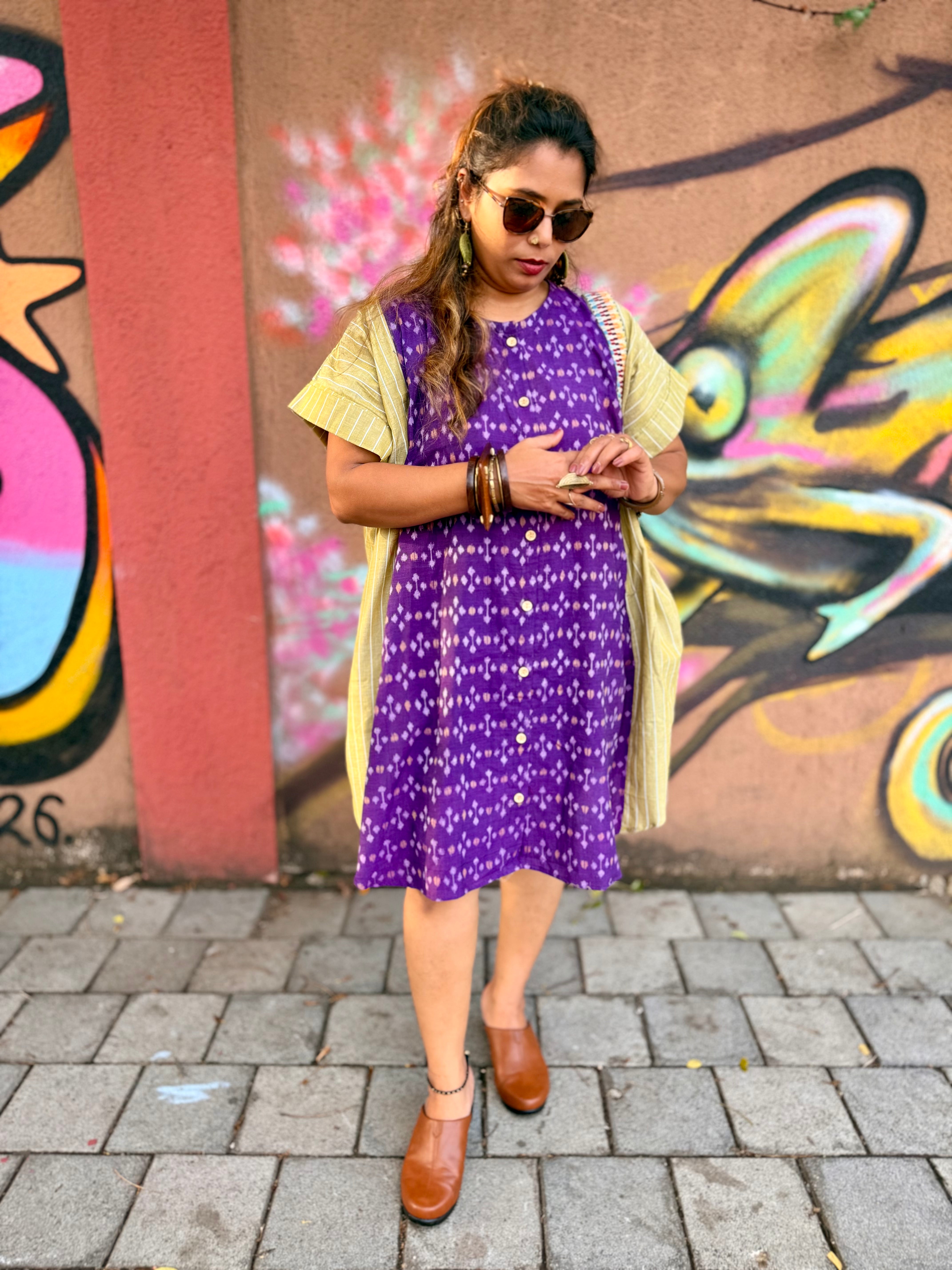 Rashi purple ikat handloom kaftaan dress, full length view outdoors