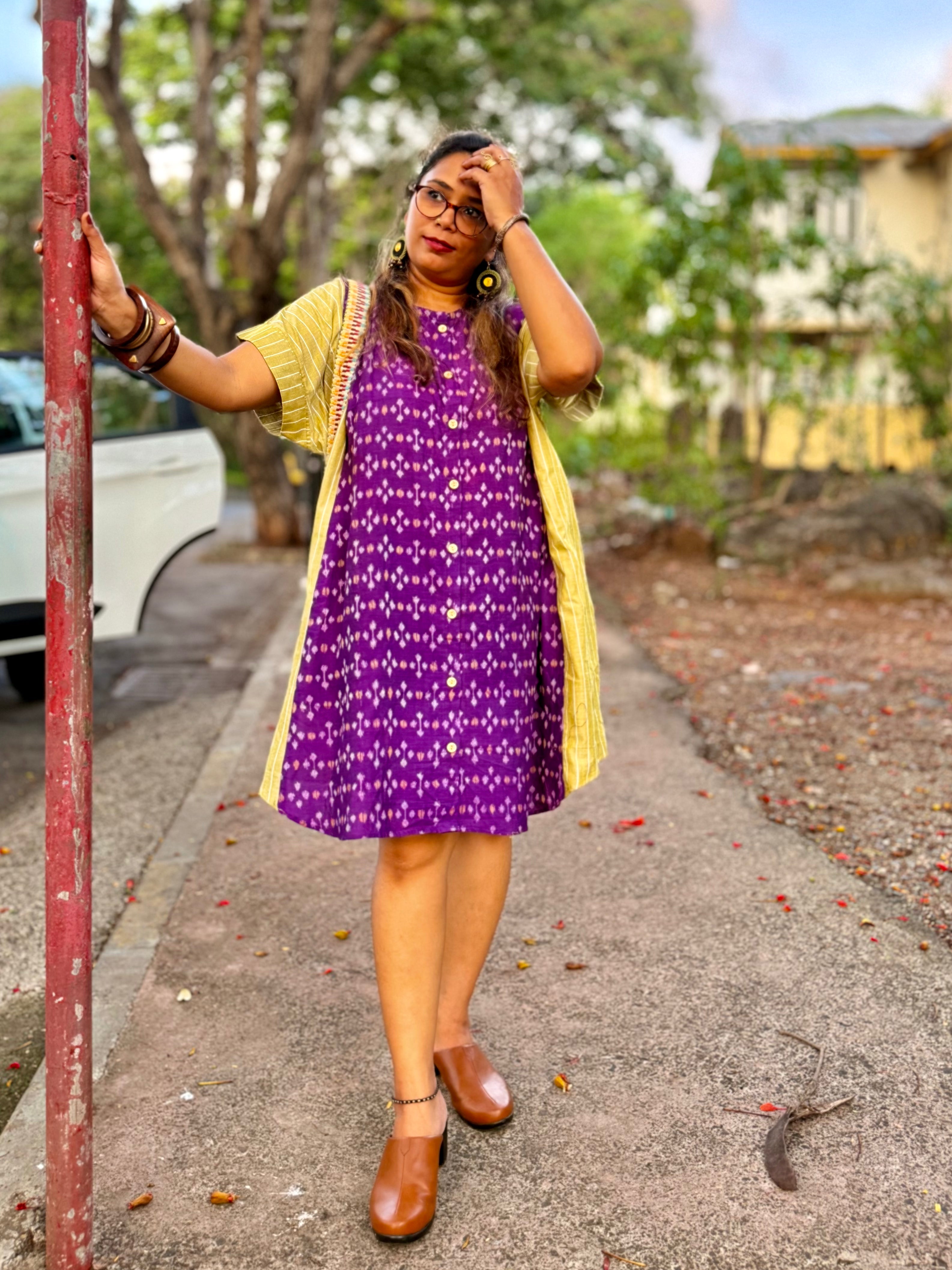 Rashi purple ikat handloom kaftaan dress, standing front view