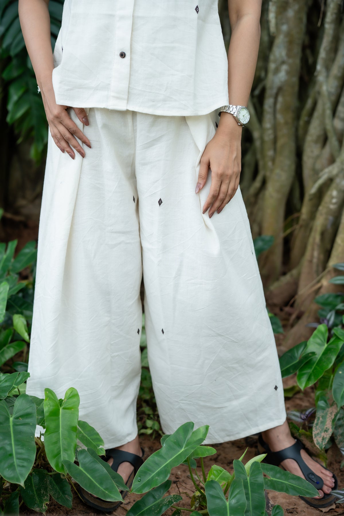 Baisali cream Kotpad handloom tie-on wide-leg trousers, front view