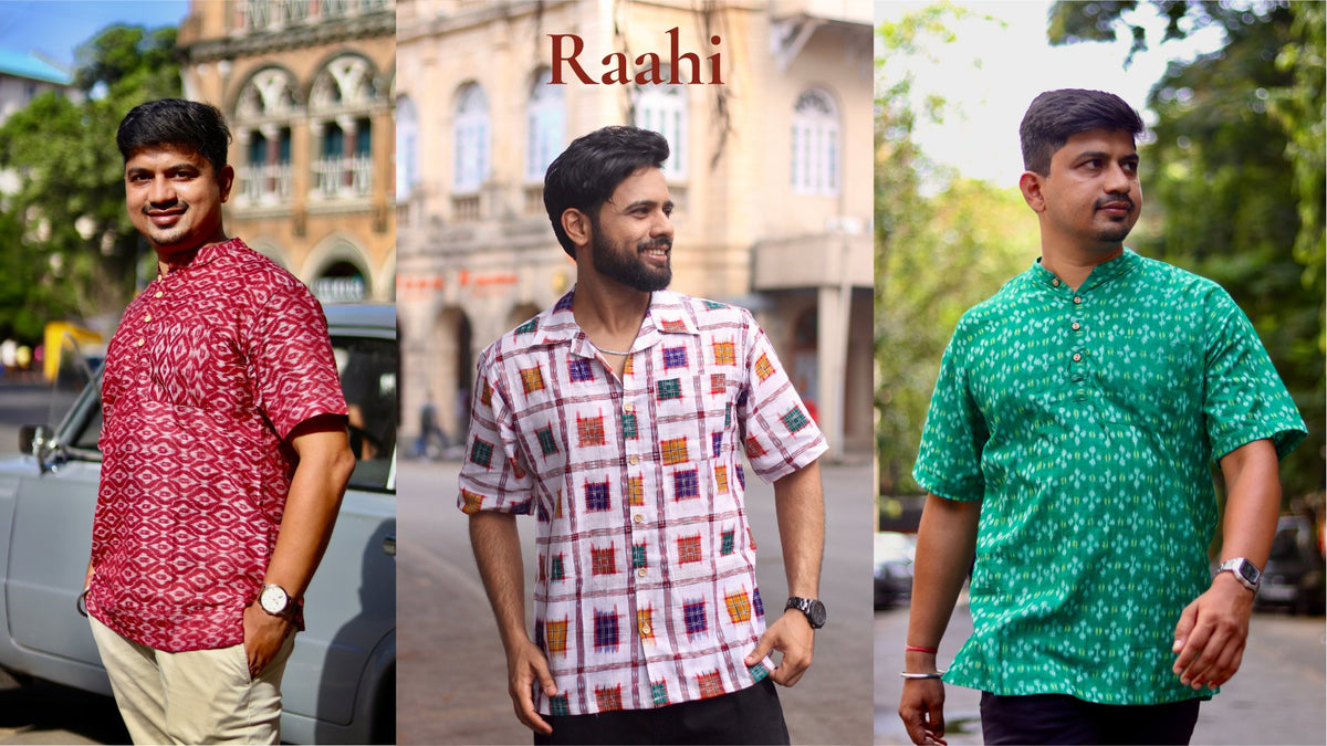 Raahi collection: three men in Sambalpuri handloom shirts, HaSt homepage banner