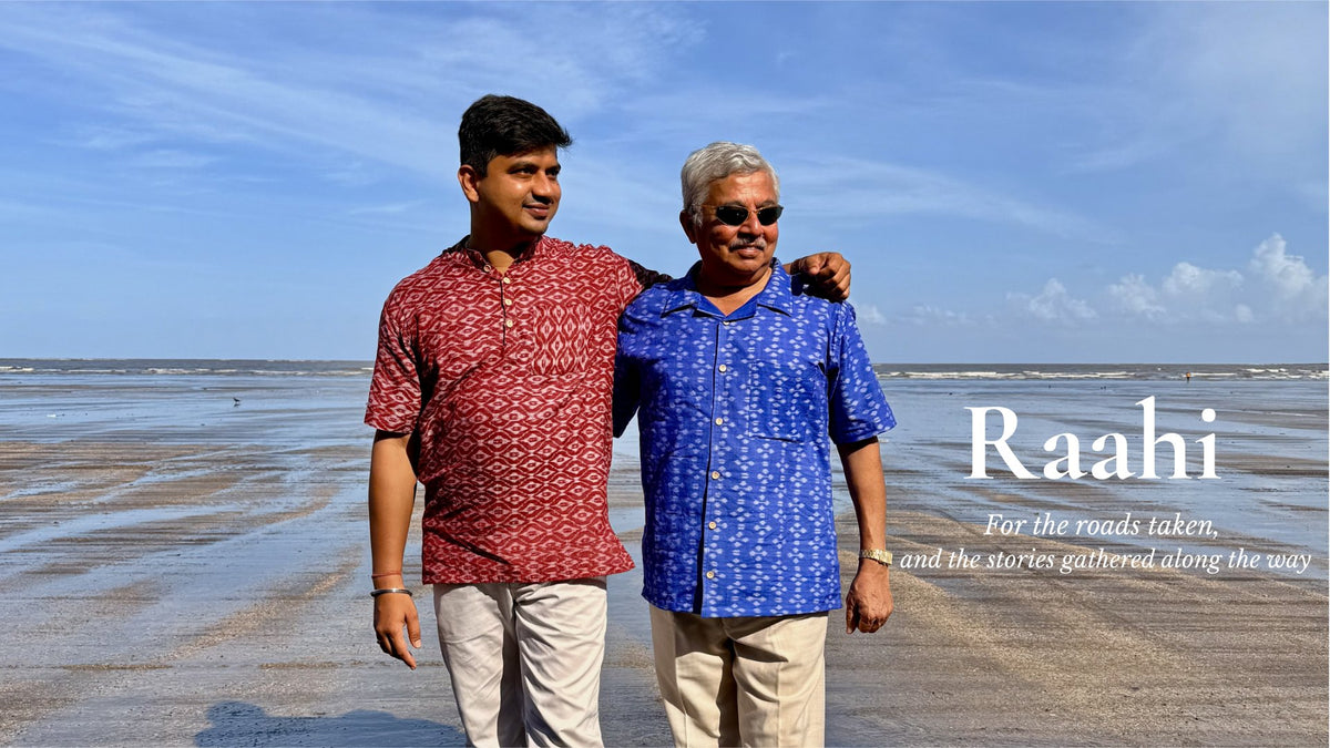 Raahi collection: two men in Sambalpuri handloom shirts on the beach, HaSt homepage banner