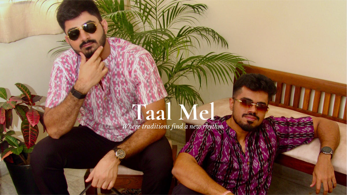 Taal Mel collection: two men in Sambalpuri handloom kurtas, HaSt homepage banner